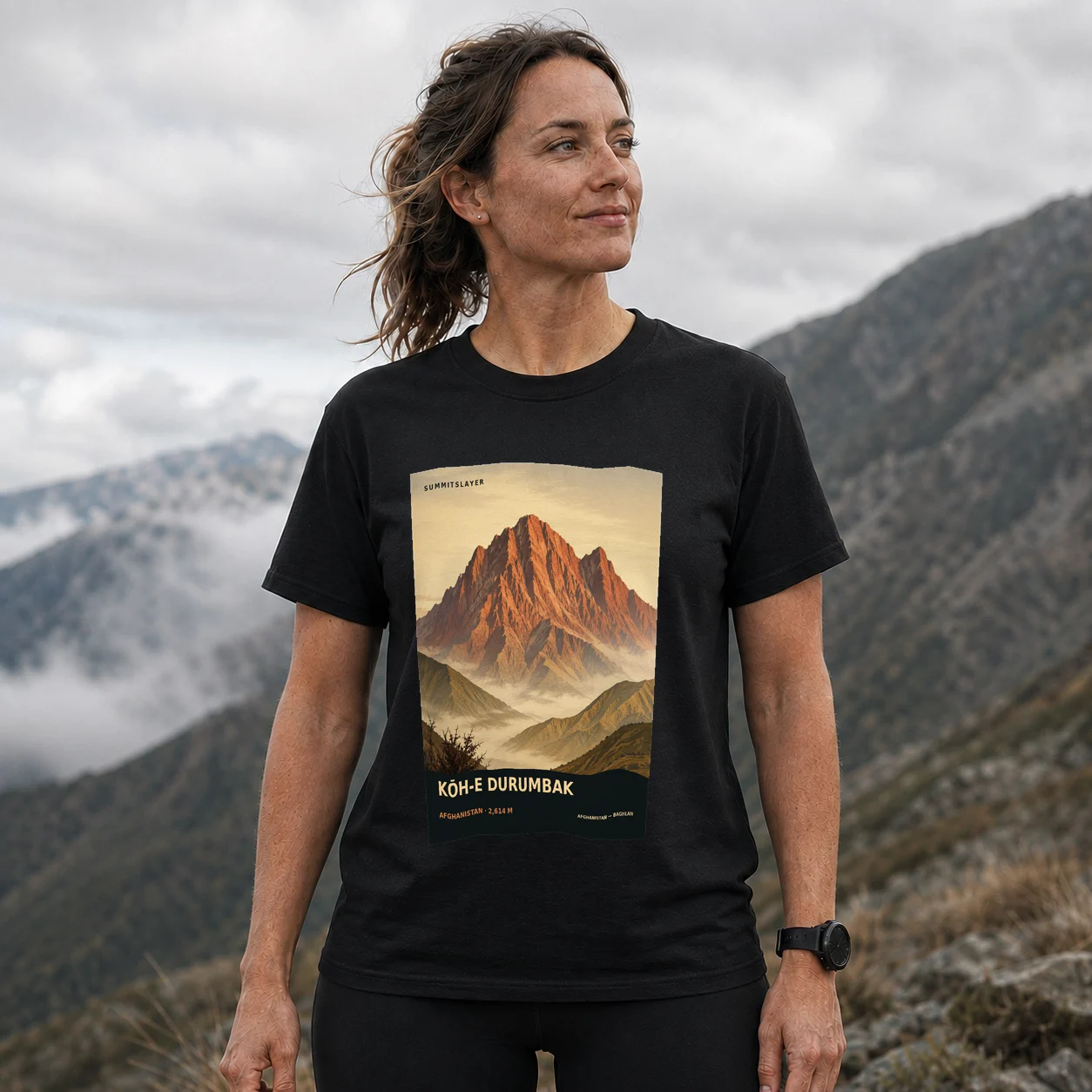 Black Kōh-e Durumbak T-shirt front with mountain artwork
