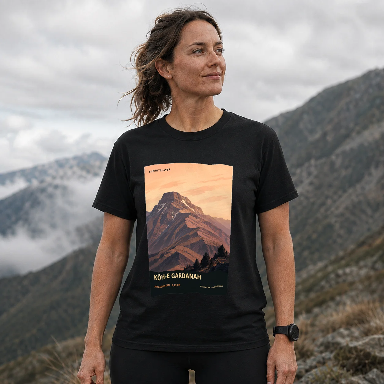 Black Kōh-e Gardanah T-shirt front with mountain artwork