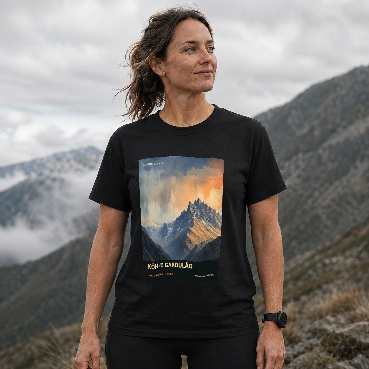 Black Kōh-e Gardulāq T-shirt front with mountain artwork
