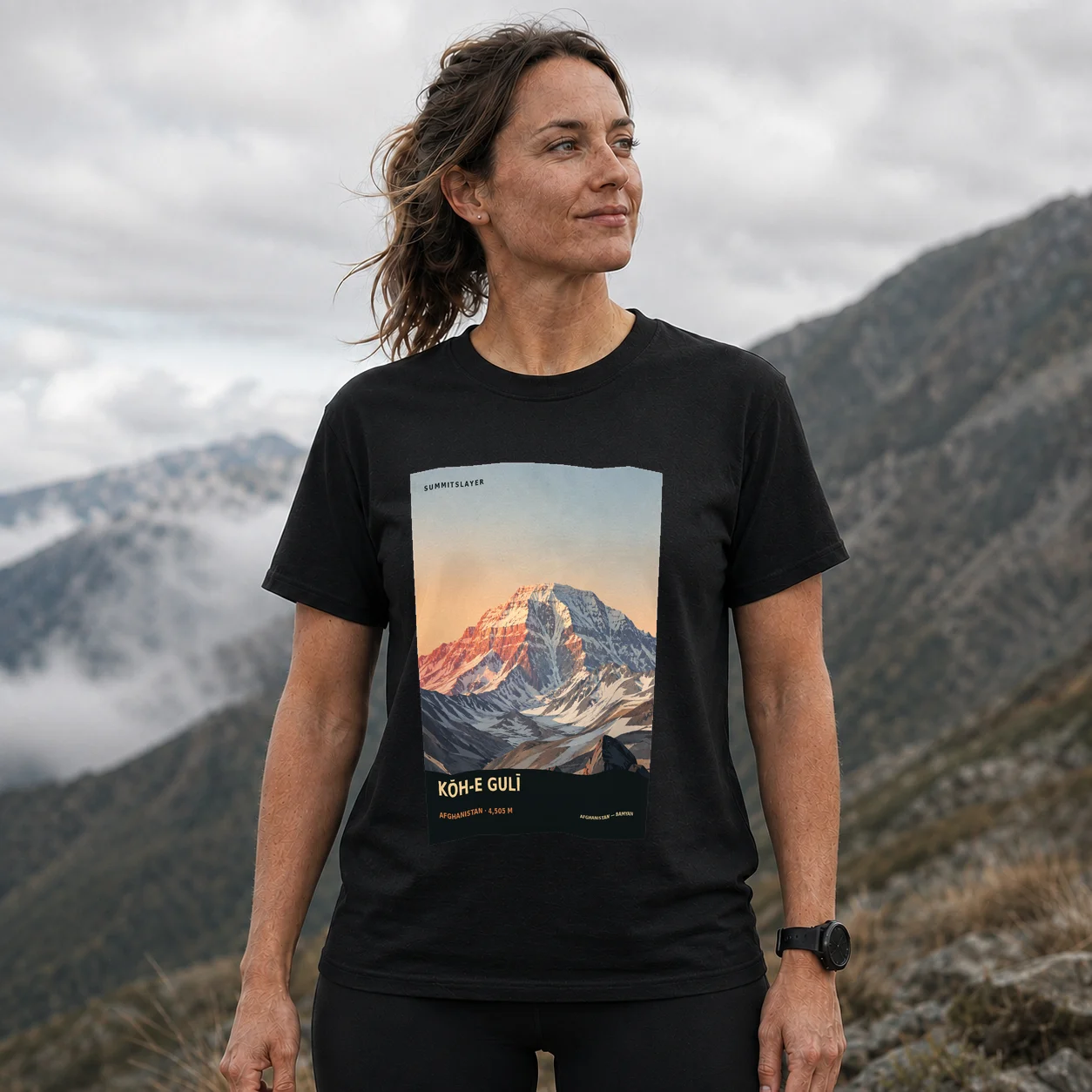 Black Kōh-e Gulī T-shirt front with mountain artwork