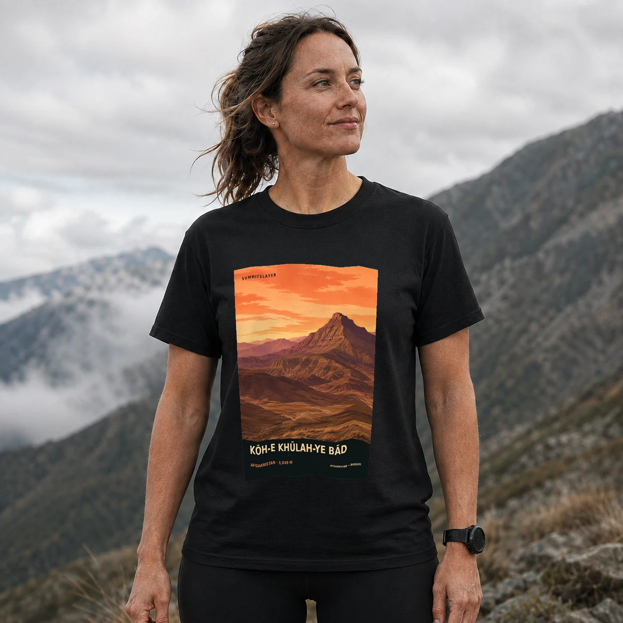 Black Kōh-e Khūlah-ye Bād T-shirt front with mountain artwork