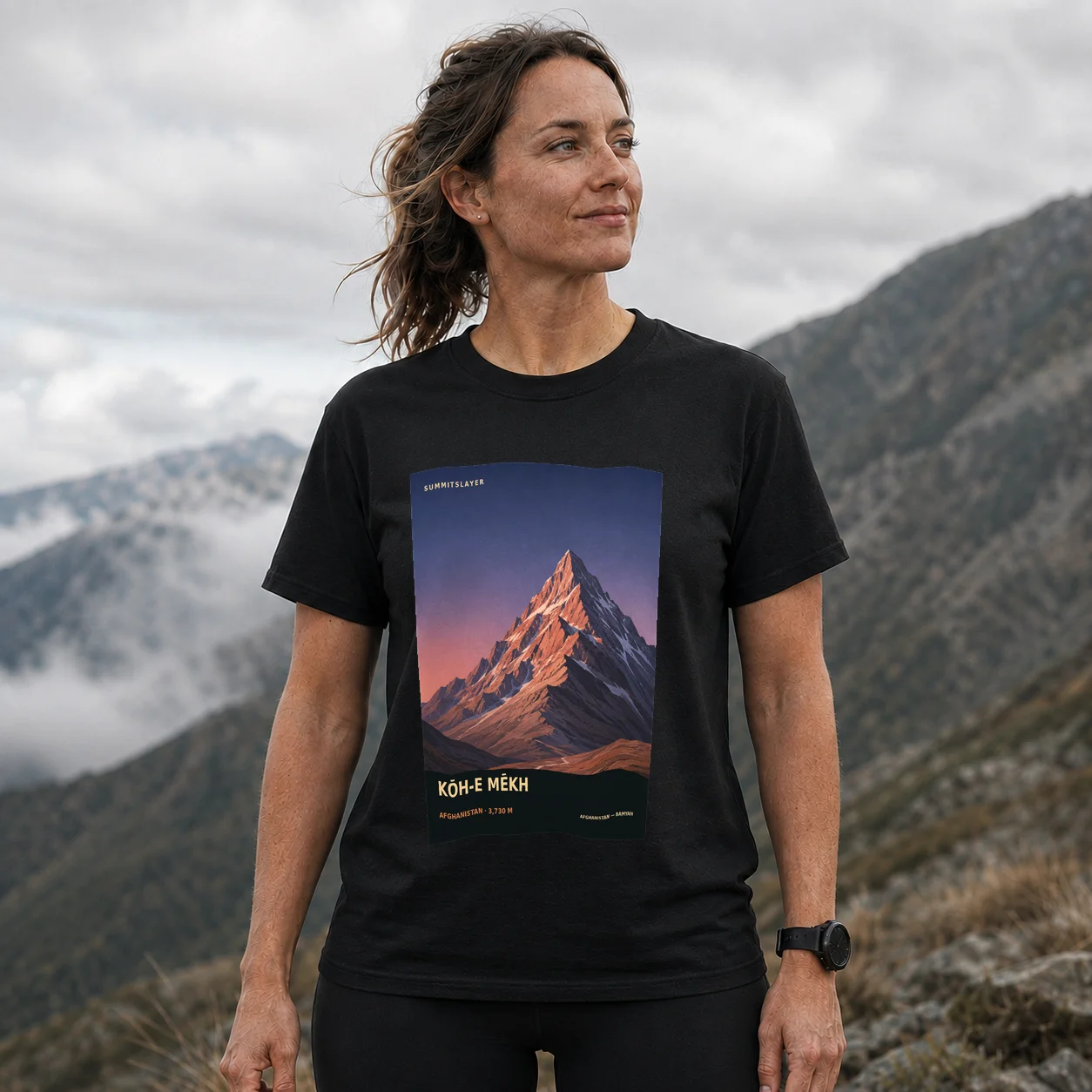 Black Kōh-e Mēkh T-shirt front with mountain artwork