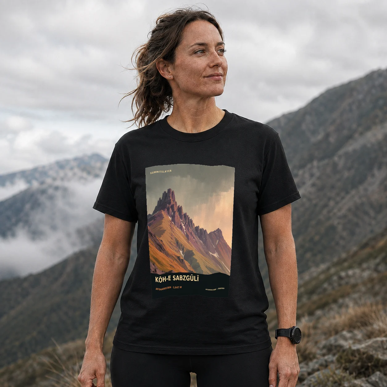 Black Kōh-e Sabzgūlī T-shirt front with mountain artwork