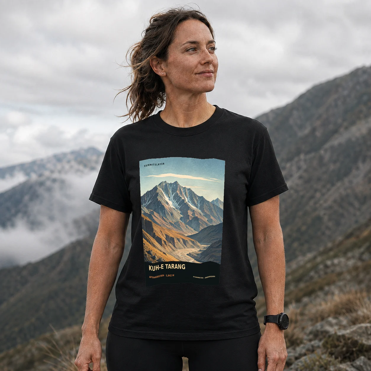 Black Kōh-e Tarang T-shirt front with mountain artwork