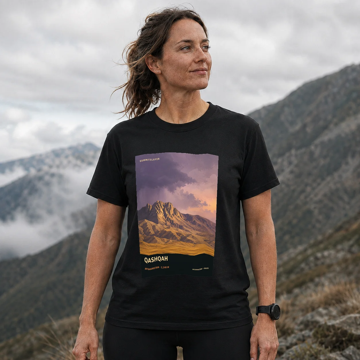 Black Qashqah T-shirt front with mountain artwork