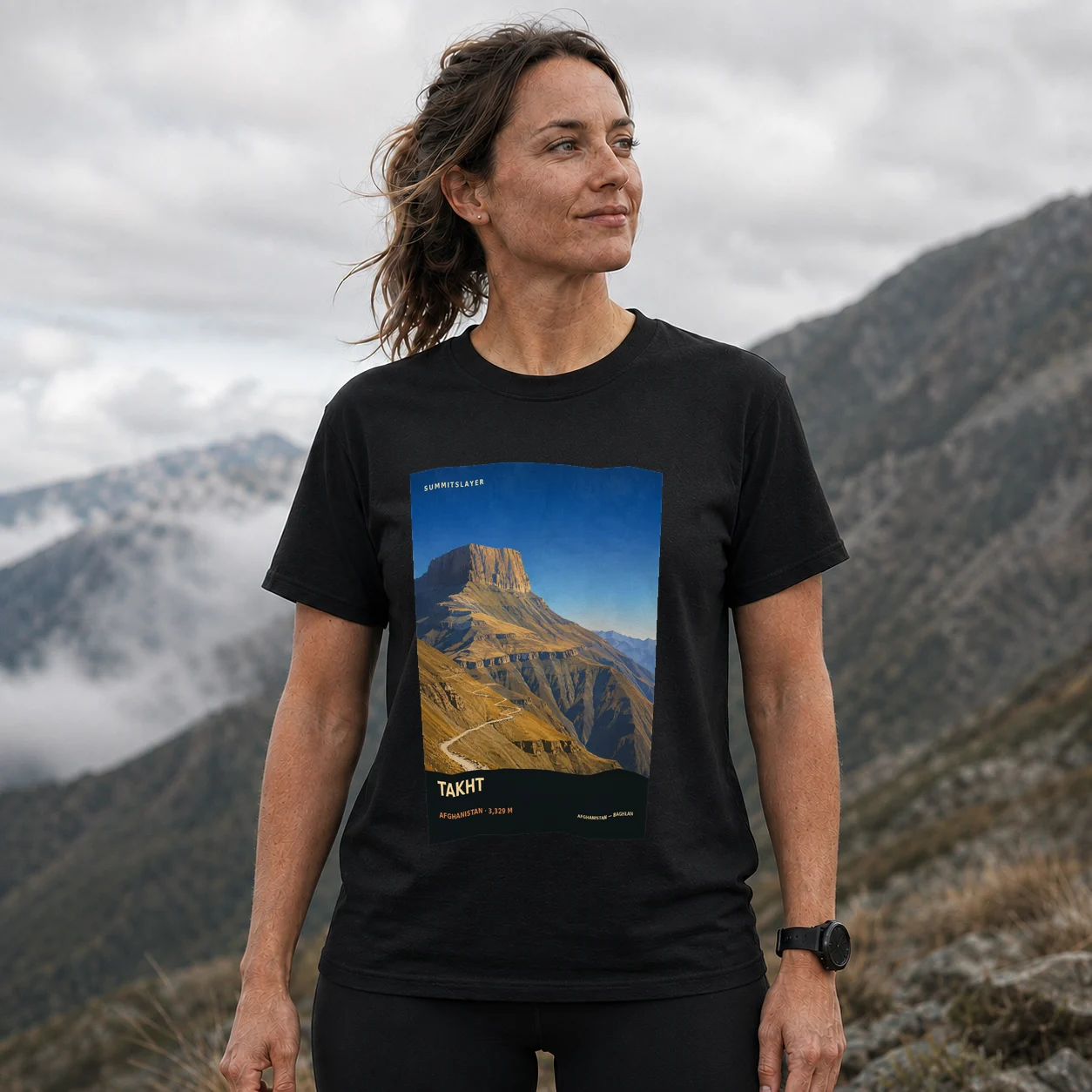 Black Takht T-shirt front with mountain artwork