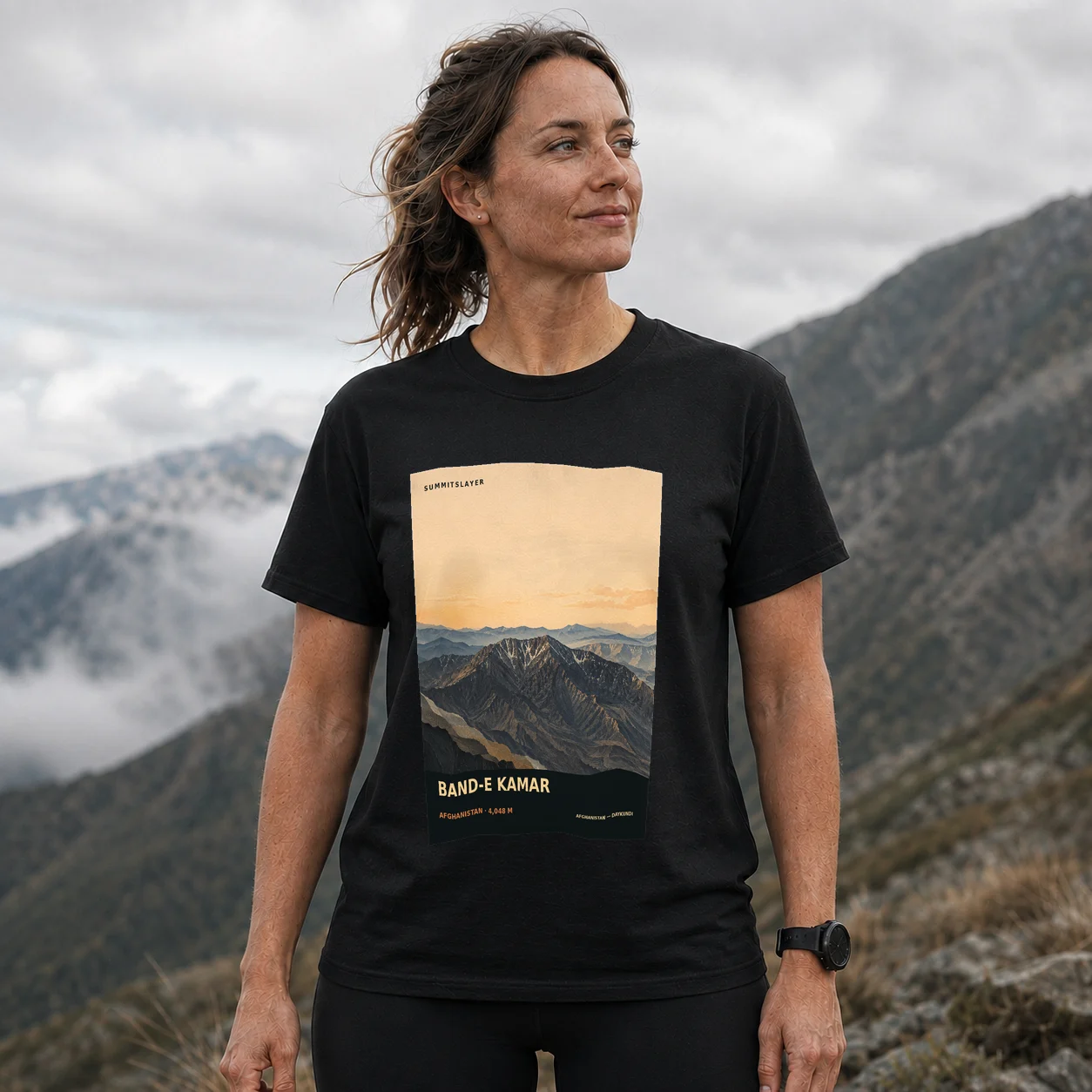 Black Band-e Kamar T-shirt front with mountain artwork