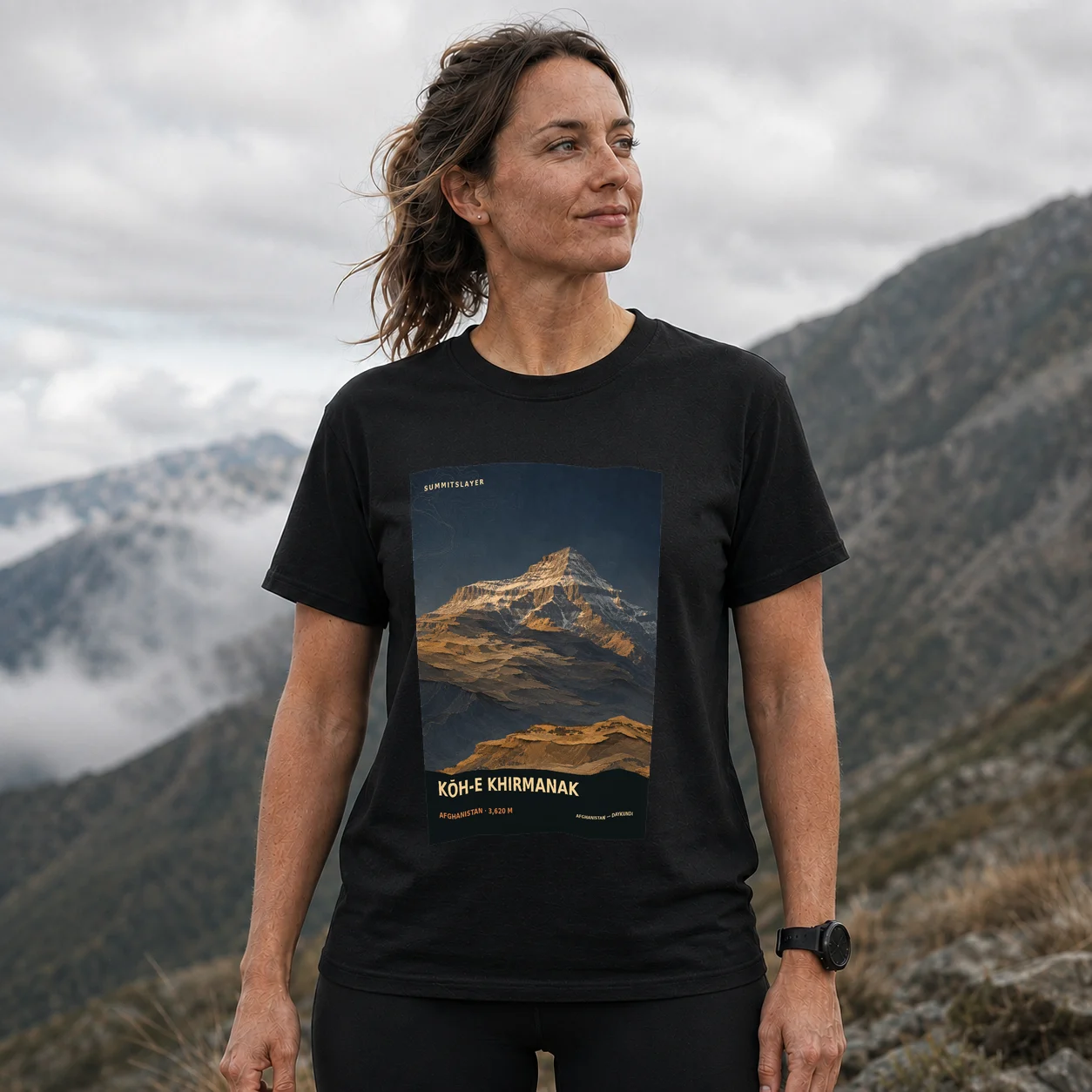 Black Kōh-e Khirmanak T-shirt front with mountain artwork