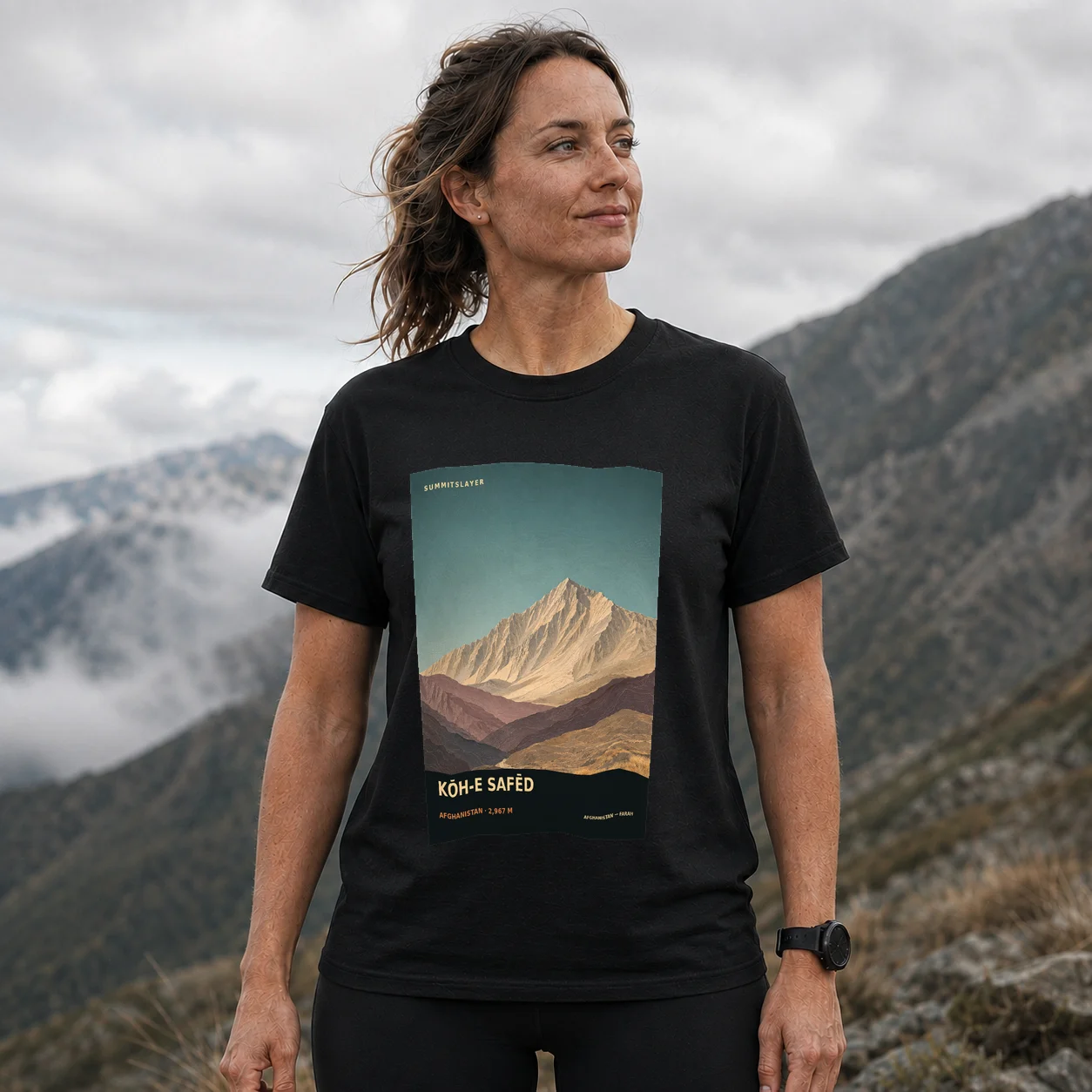 Black Kōh-e Safēd T-shirt front with mountain artwork