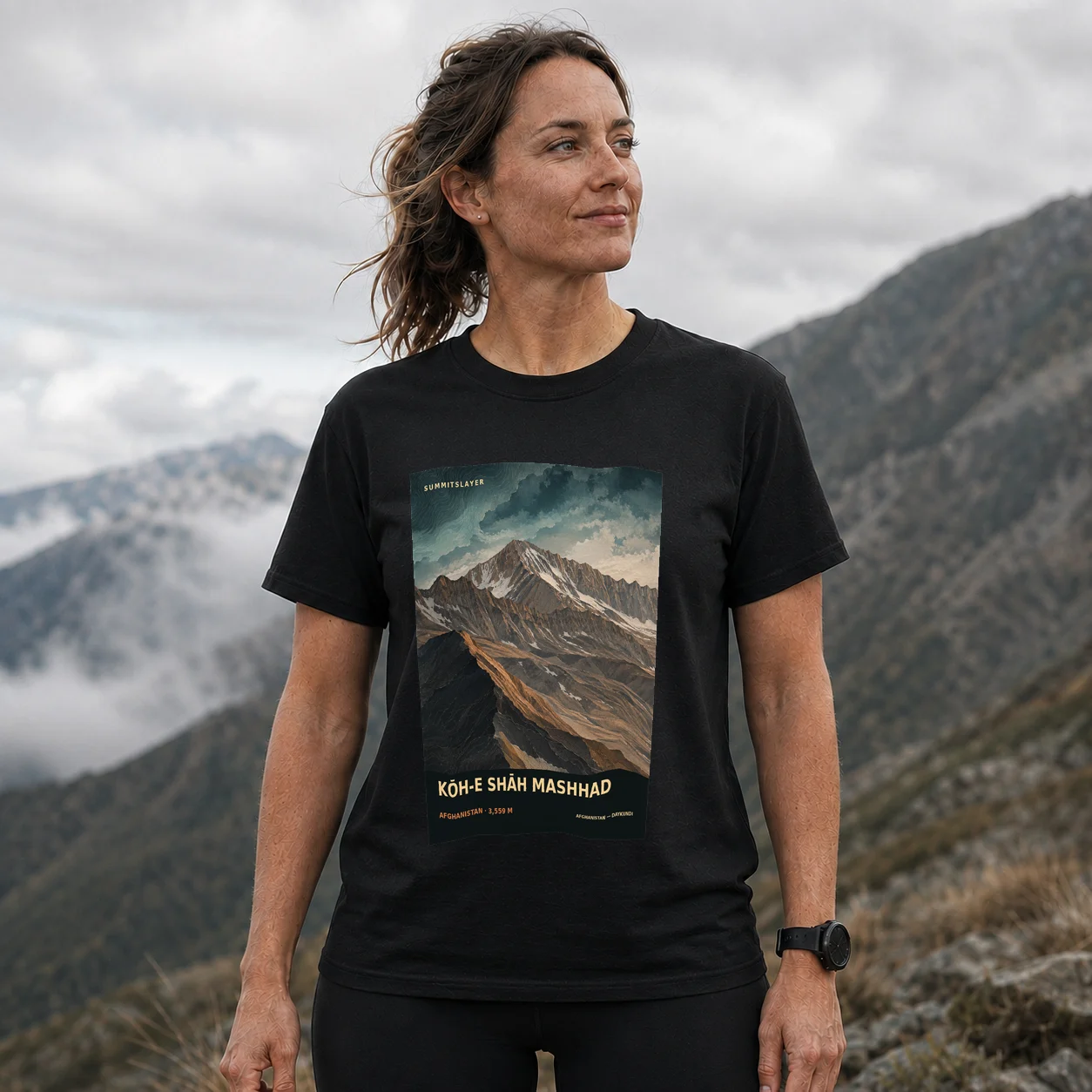Black Kōh-e Shāh Mashhad T-shirt front with mountain artwork