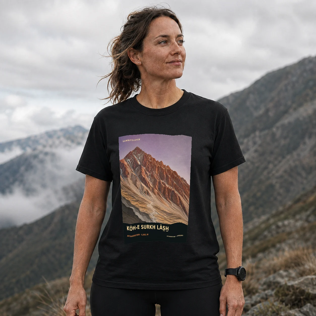 Black Kōh-e Surkh Lās̲h̲ T-shirt front with mountain artwork