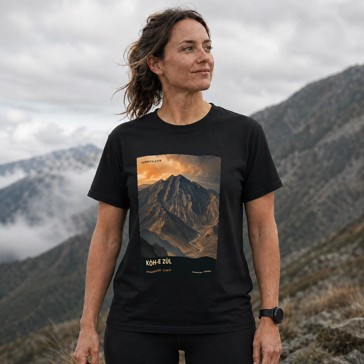 Black Kōh-e Zūl T-shirt front with mountain artwork