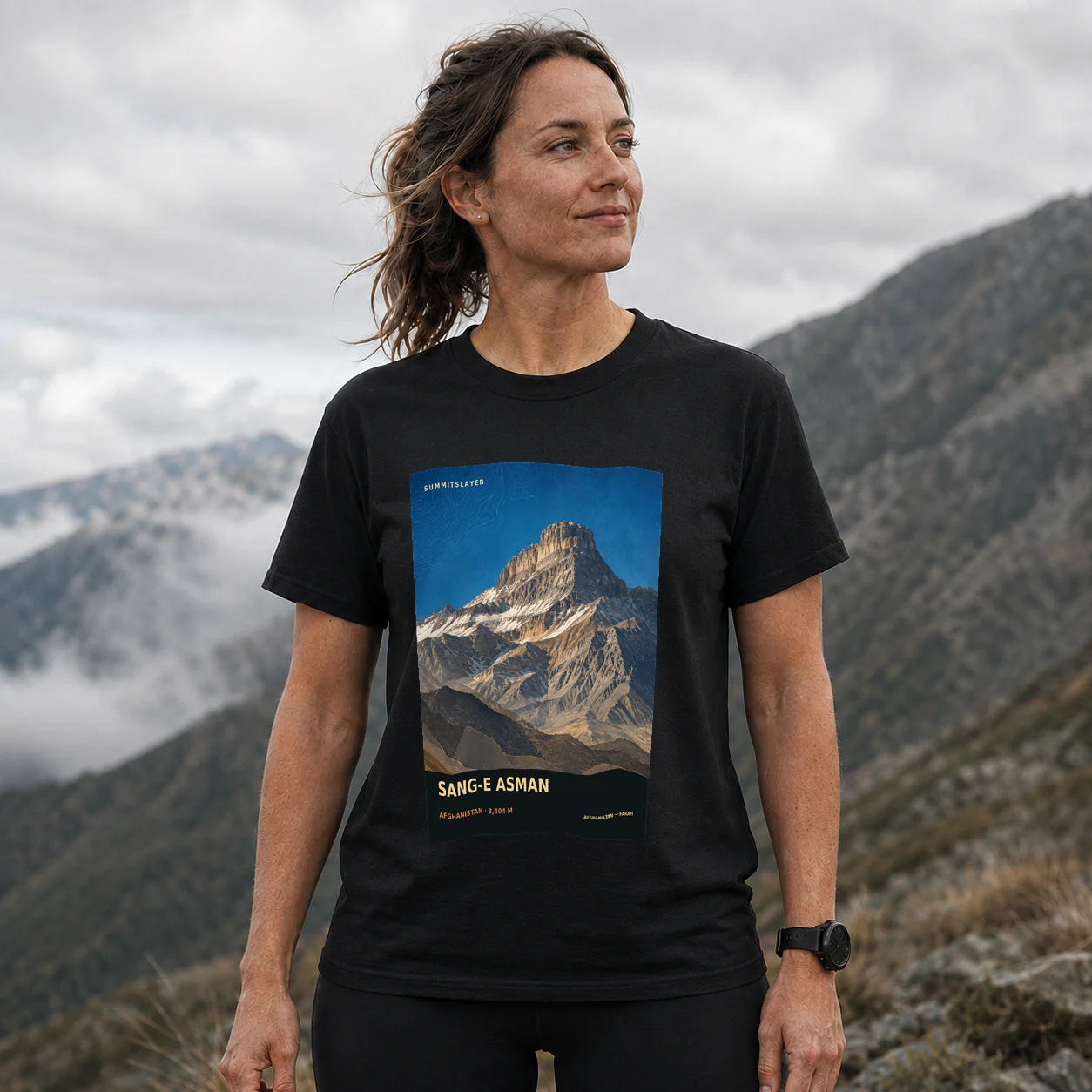 Black Sang-e Āsmān T-shirt front with mountain artwork