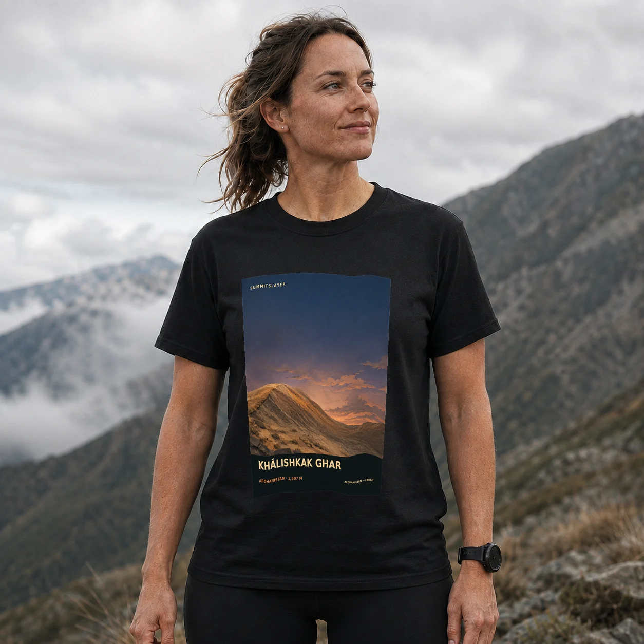 Black Khālishkak Ghar T-shirt front with mountain artwork