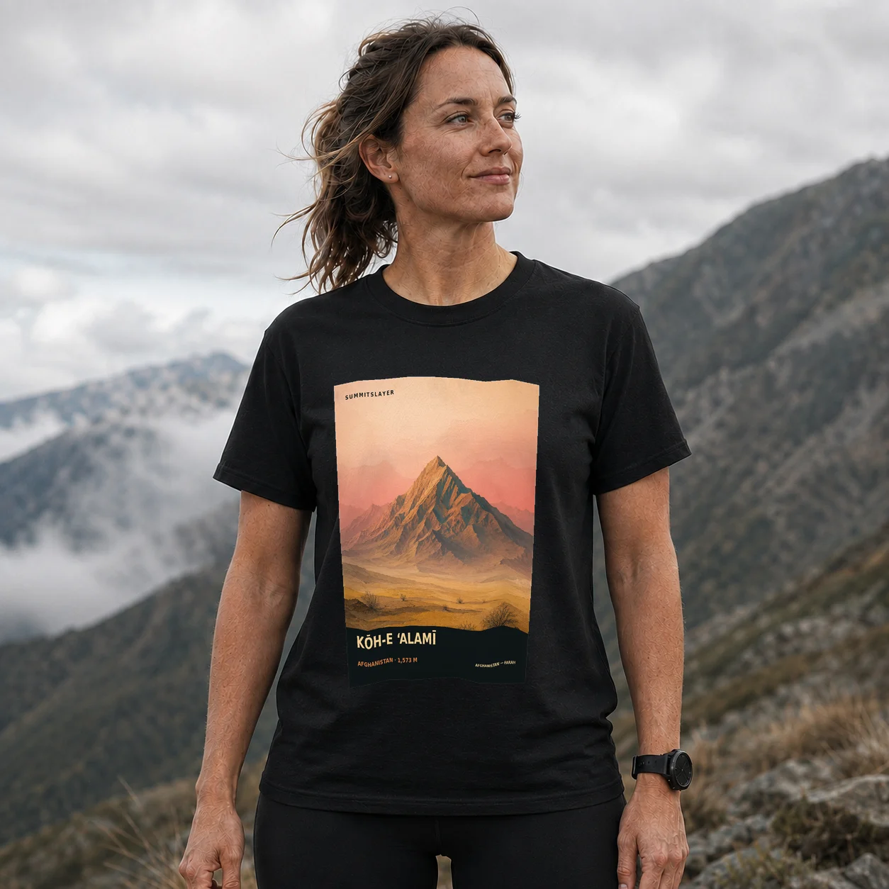 Black Kōh-e ‘Alamī T-shirt front with mountain artwork