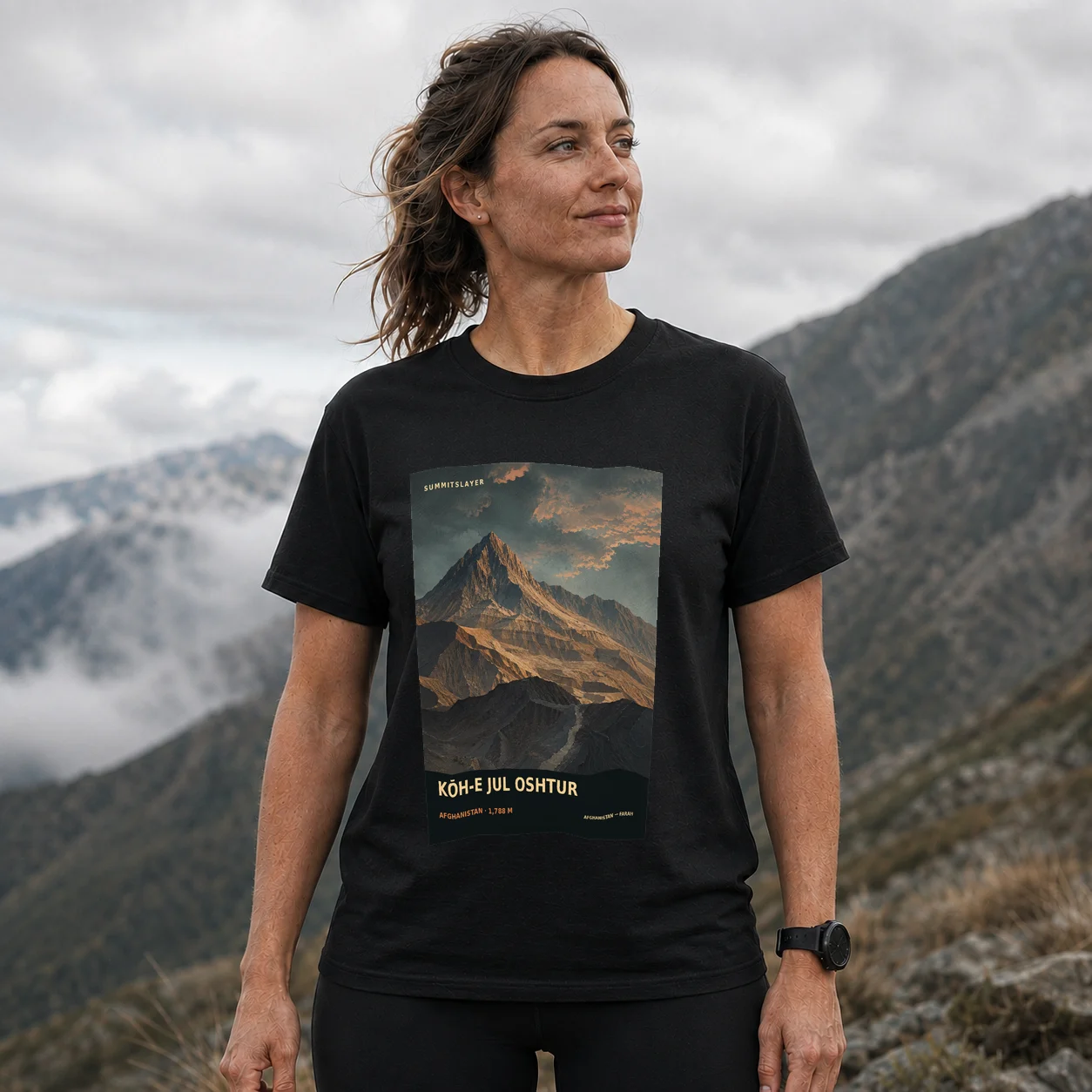 Black Kōh-e Jul Oshtur T-shirt front with mountain artwork
