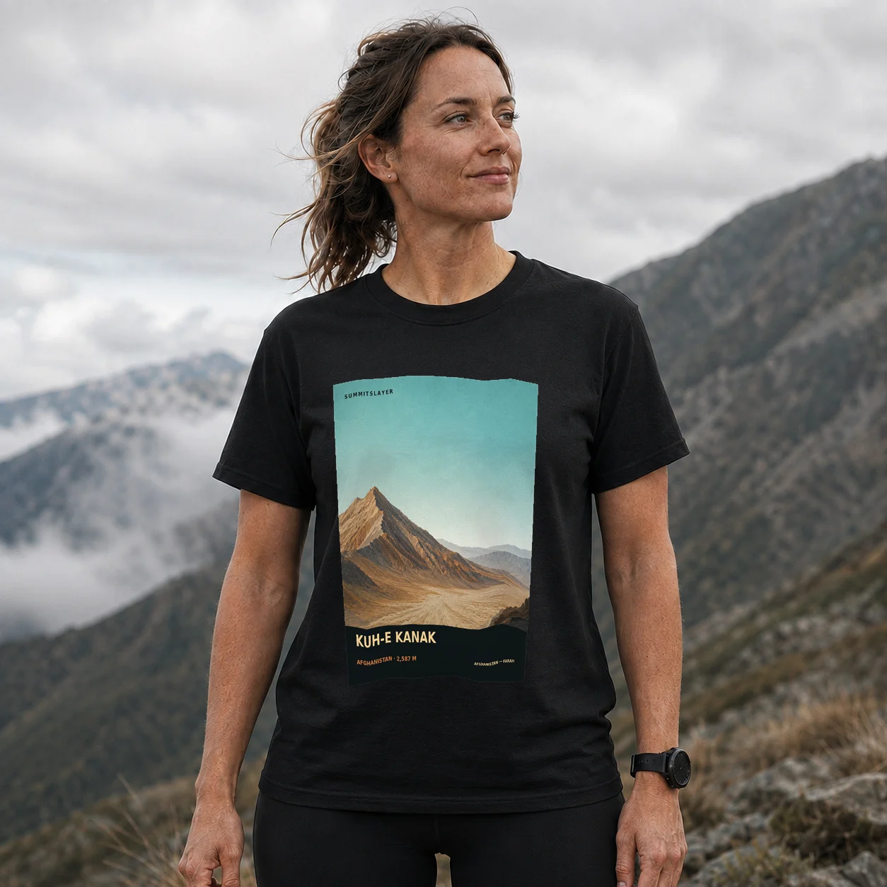 Black Kōh-e Kanak T-shirt front with mountain artwork