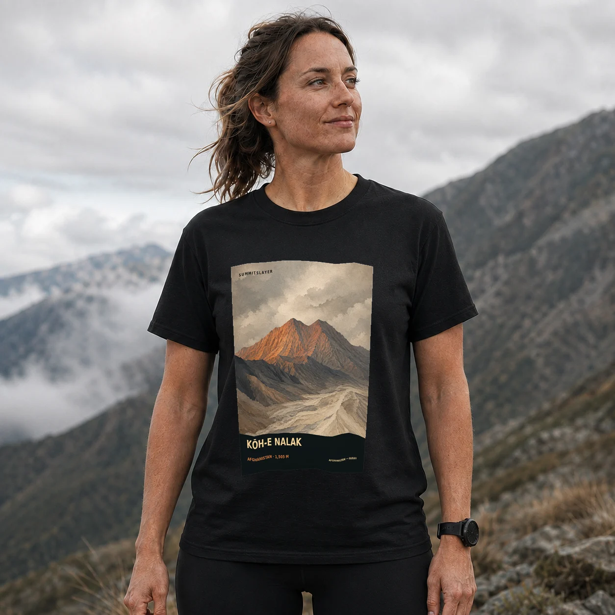 Black Kōh-e Nalak T-shirt front with mountain artwork