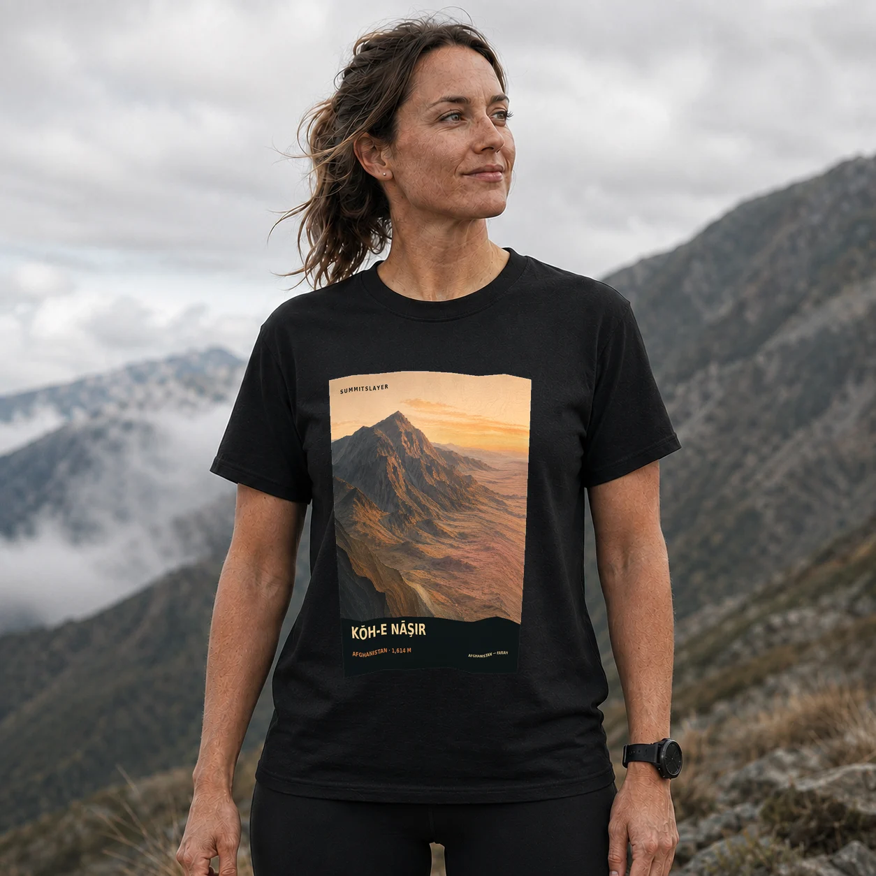 Black Kōh-e Nāşir T-shirt front with mountain artwork
