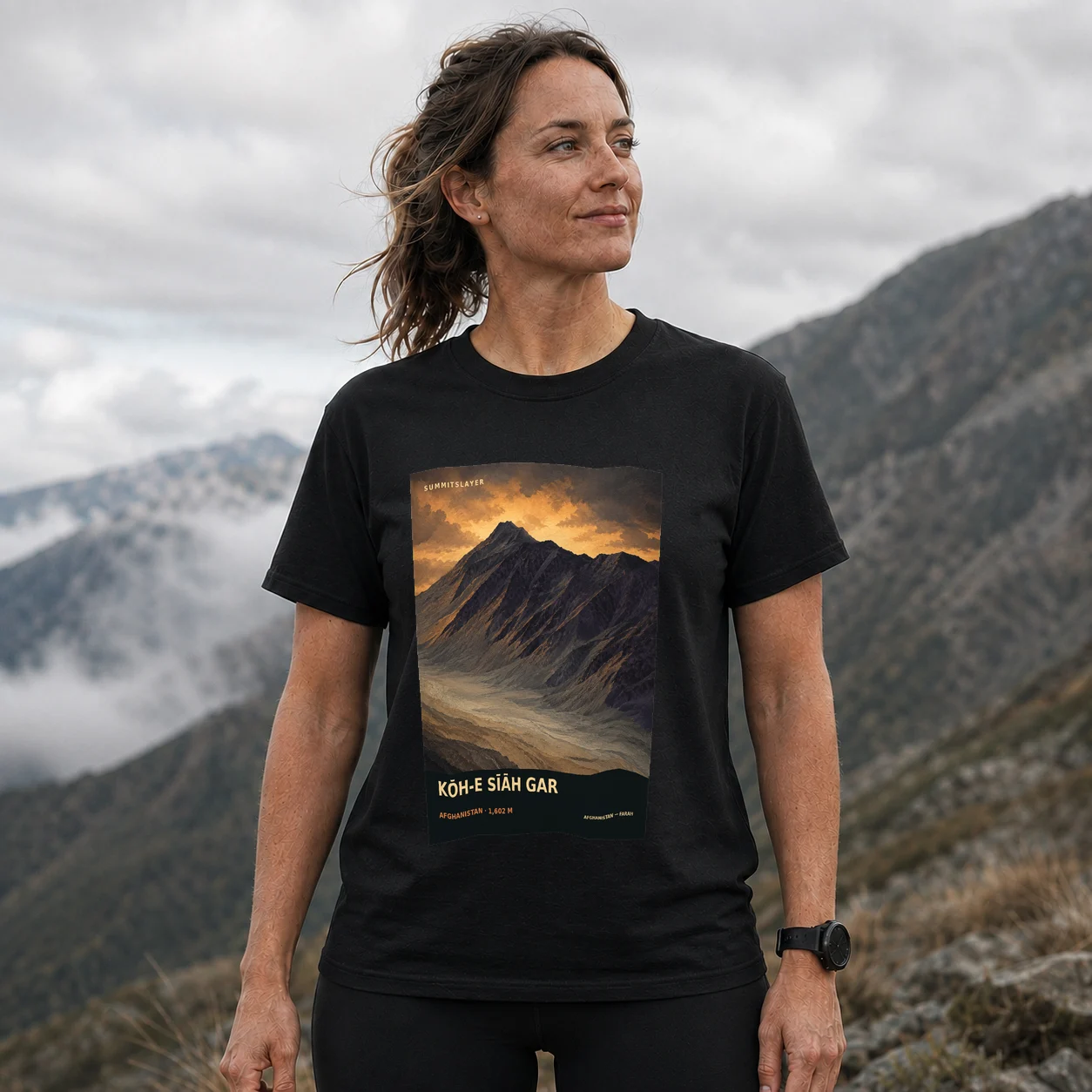 Black Kōh-e Sīāh Gar T-shirt front with mountain artwork