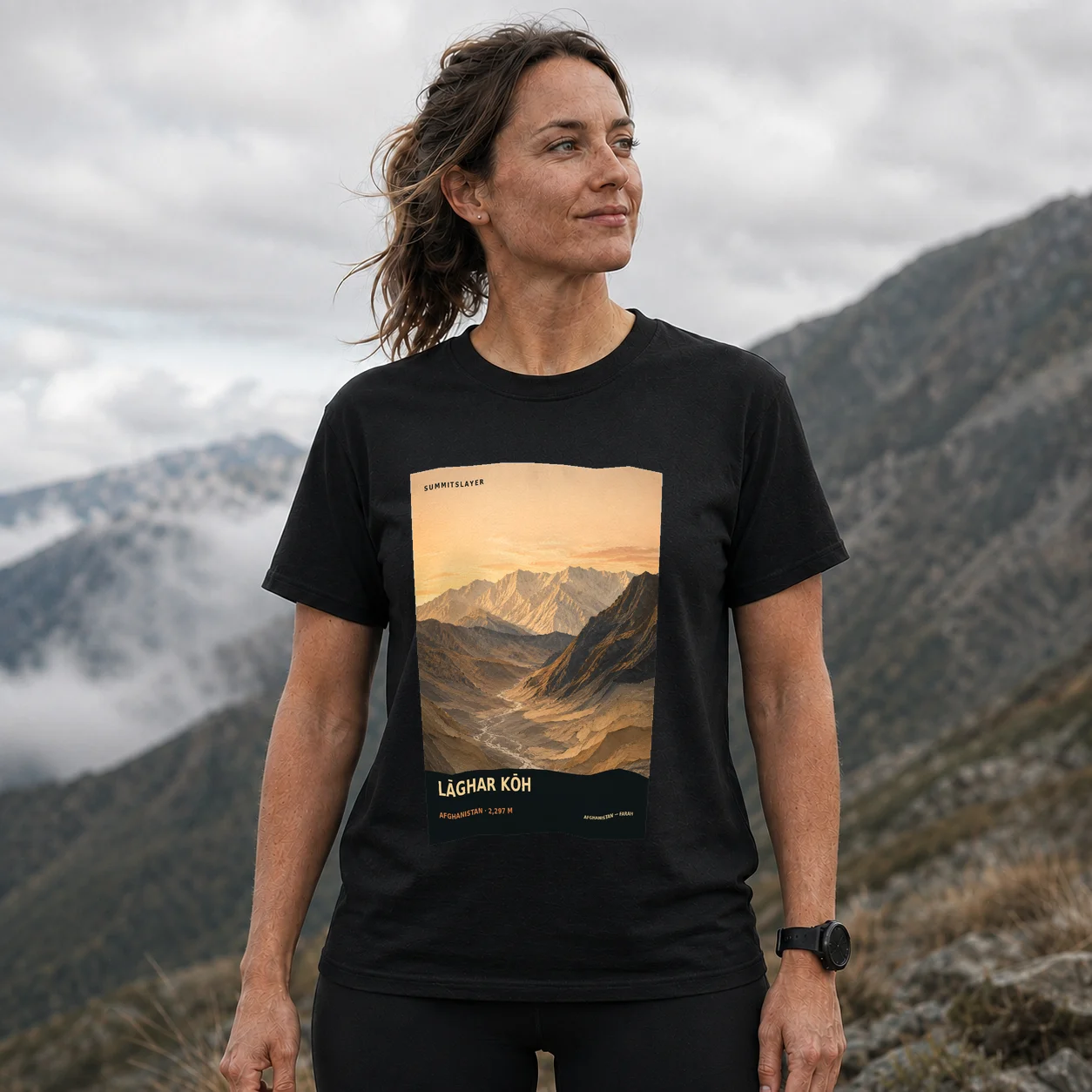 Black Lāghar Kōh T-shirt front with mountain artwork