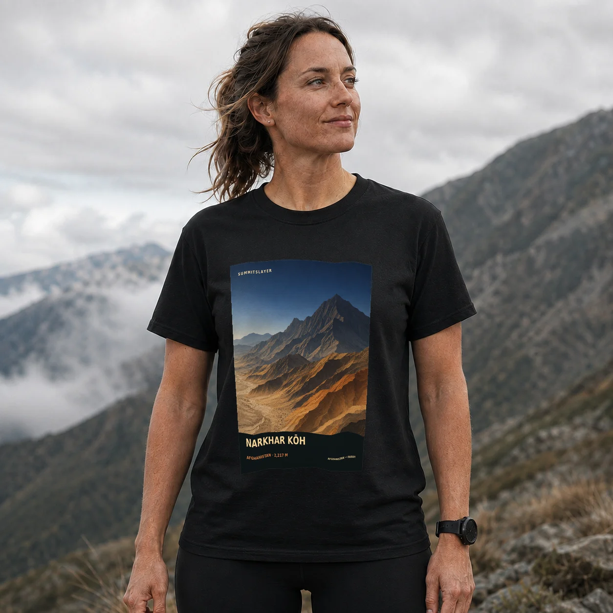 Black Narkhar Kōh T-shirt front with mountain artwork