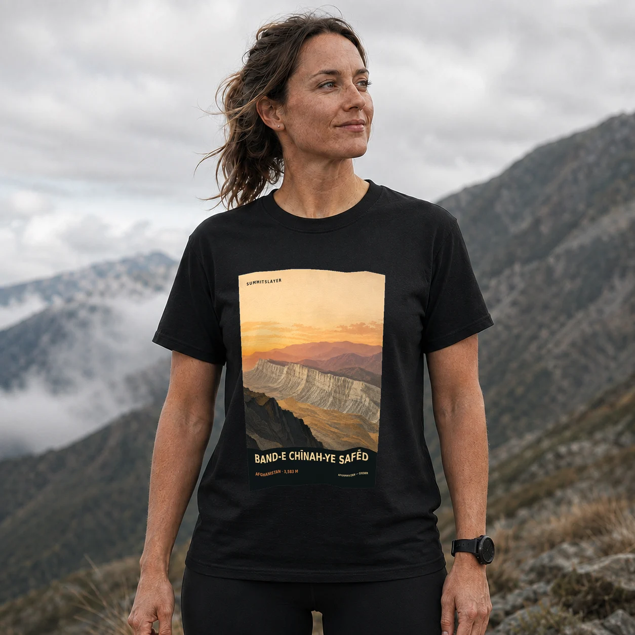 Black Band-e Chīnah-ye Safēd T-shirt front with mountain artwork