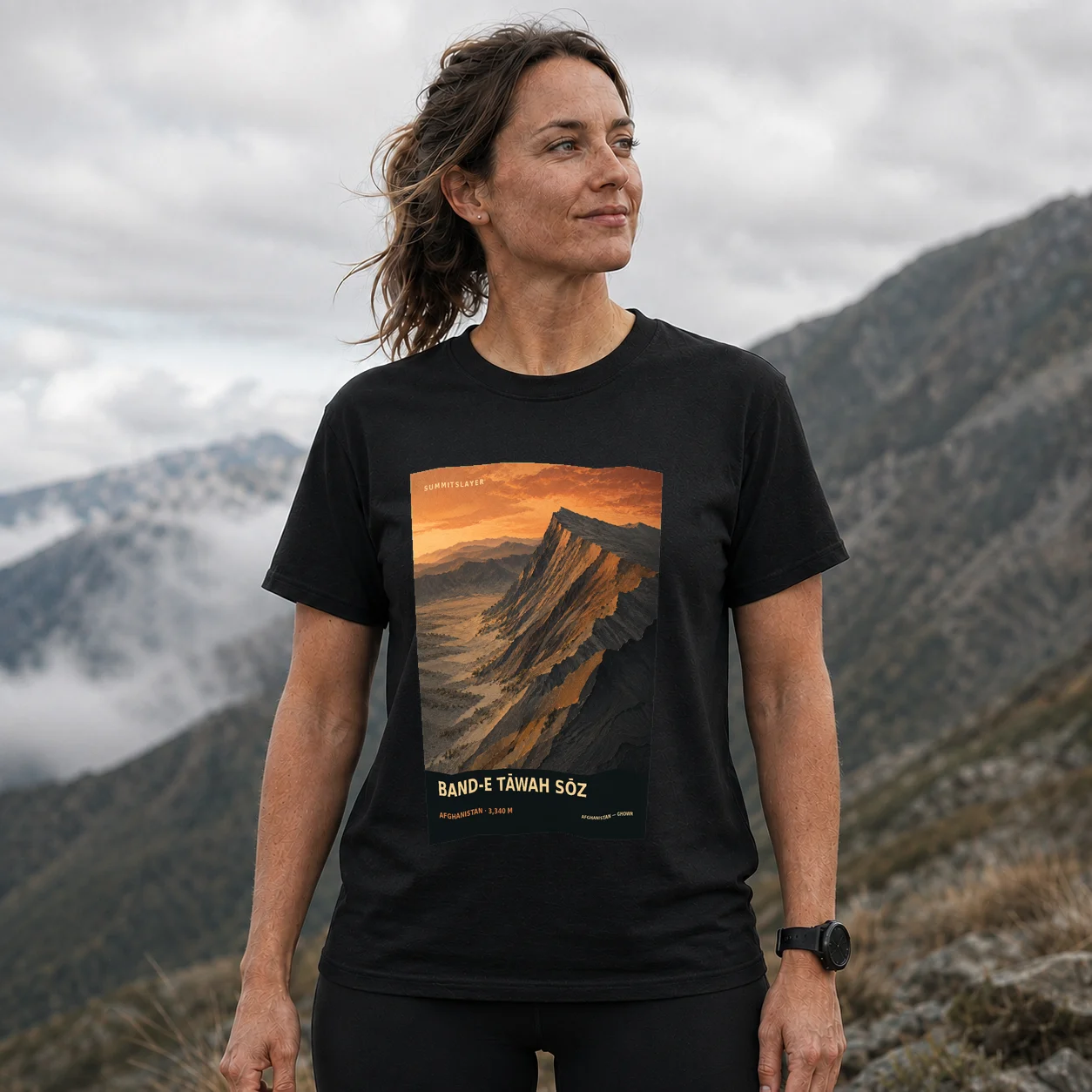 Black Band-e Tāwah Sōz T-shirt front with mountain artwork