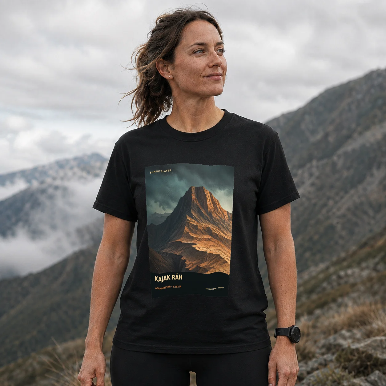 Black Kajak Rāh T-shirt front with mountain artwork