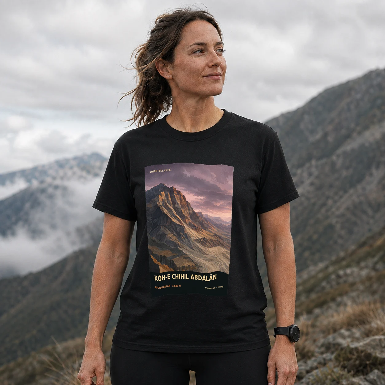 Black Kōh-e Chihil Abdālān T-shirt front with mountain artwork