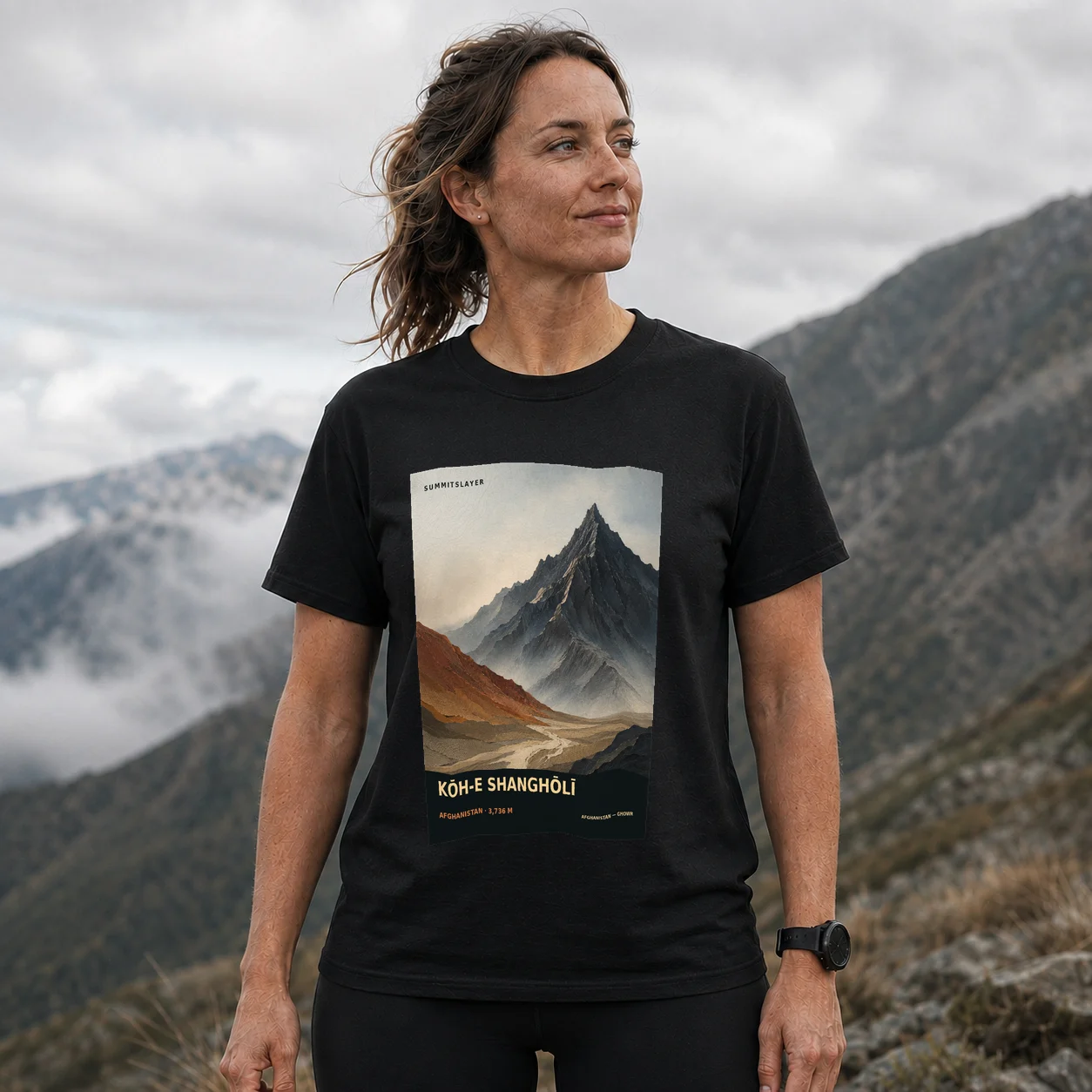 Black Kōh-e Shanghōlī T-shirt front with mountain artwork