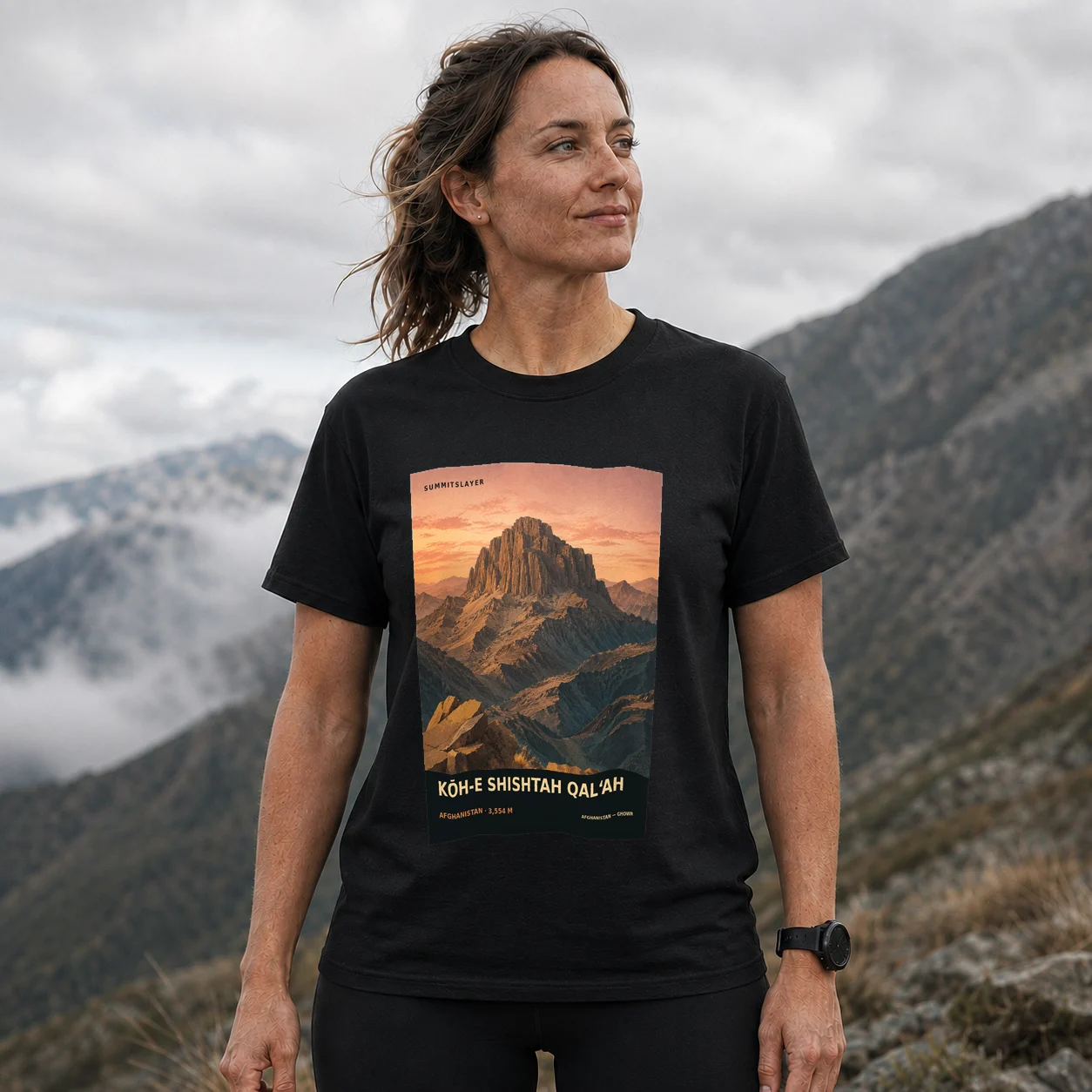 Black Kōh-e Shishtah Qal‘ah T-shirt front with mountain artwork