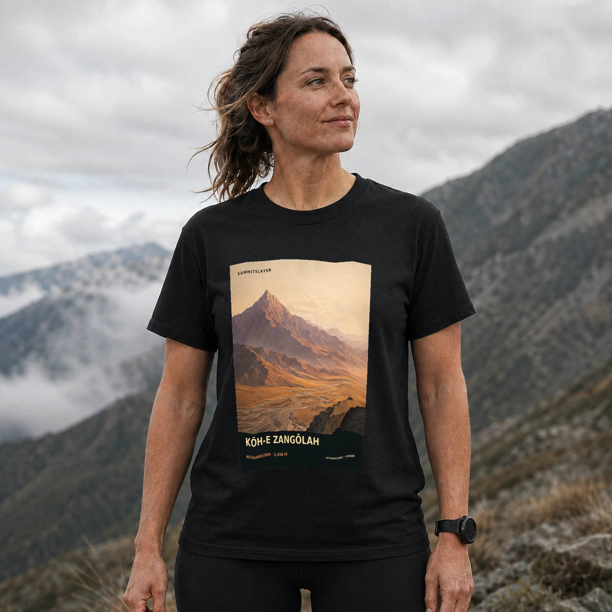 Black Kōh-e Zangōlah T-shirt front with mountain artwork
