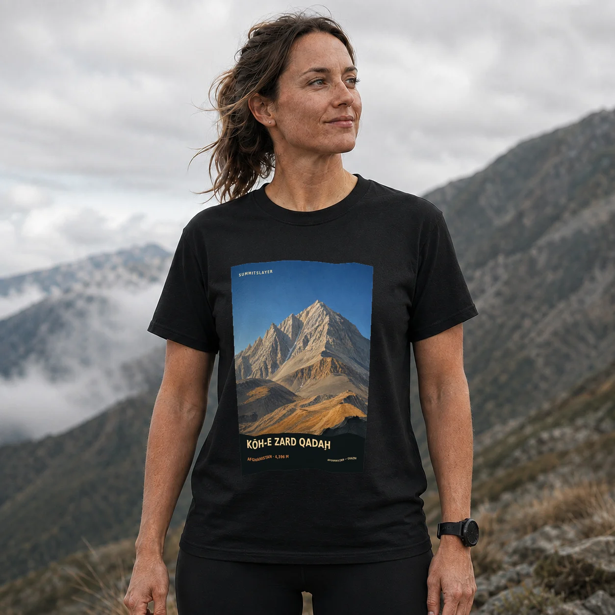 Black Kōh-e Zard Qadaḩ T-shirt front with mountain artwork