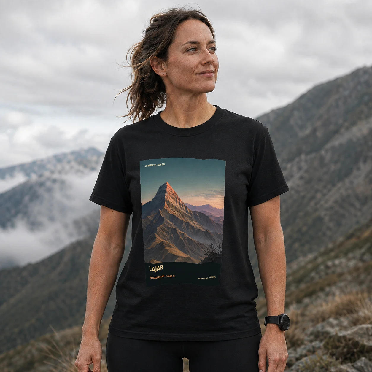 Black Lajar T-shirt front with mountain artwork