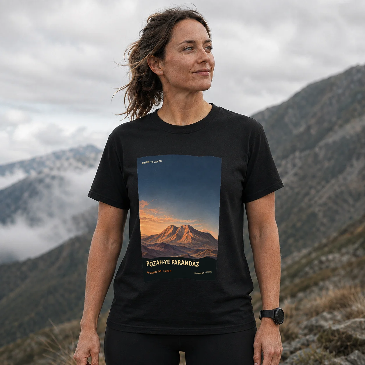 Black Pōzah-ye Parandāz T-shirt front with mountain artwork