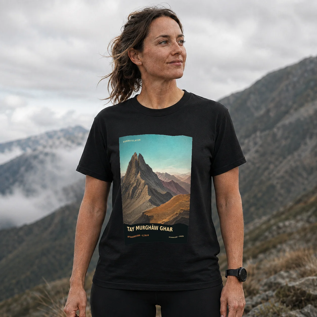 Black Tay Murghāw Ghar T-shirt front with mountain artwork