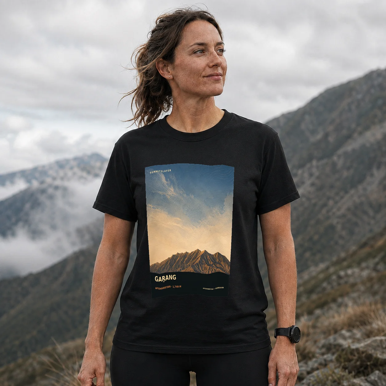 Black Gaṟang T-shirt front with mountain artwork