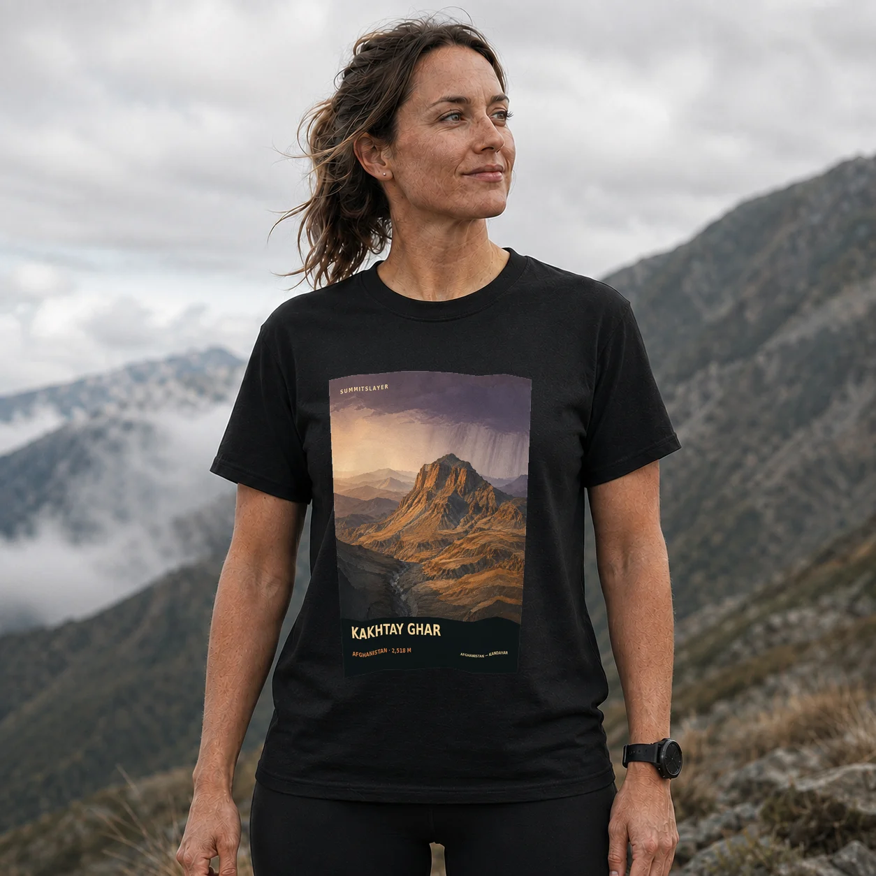 Black Kakhtay Ghar T-shirt front with mountain artwork