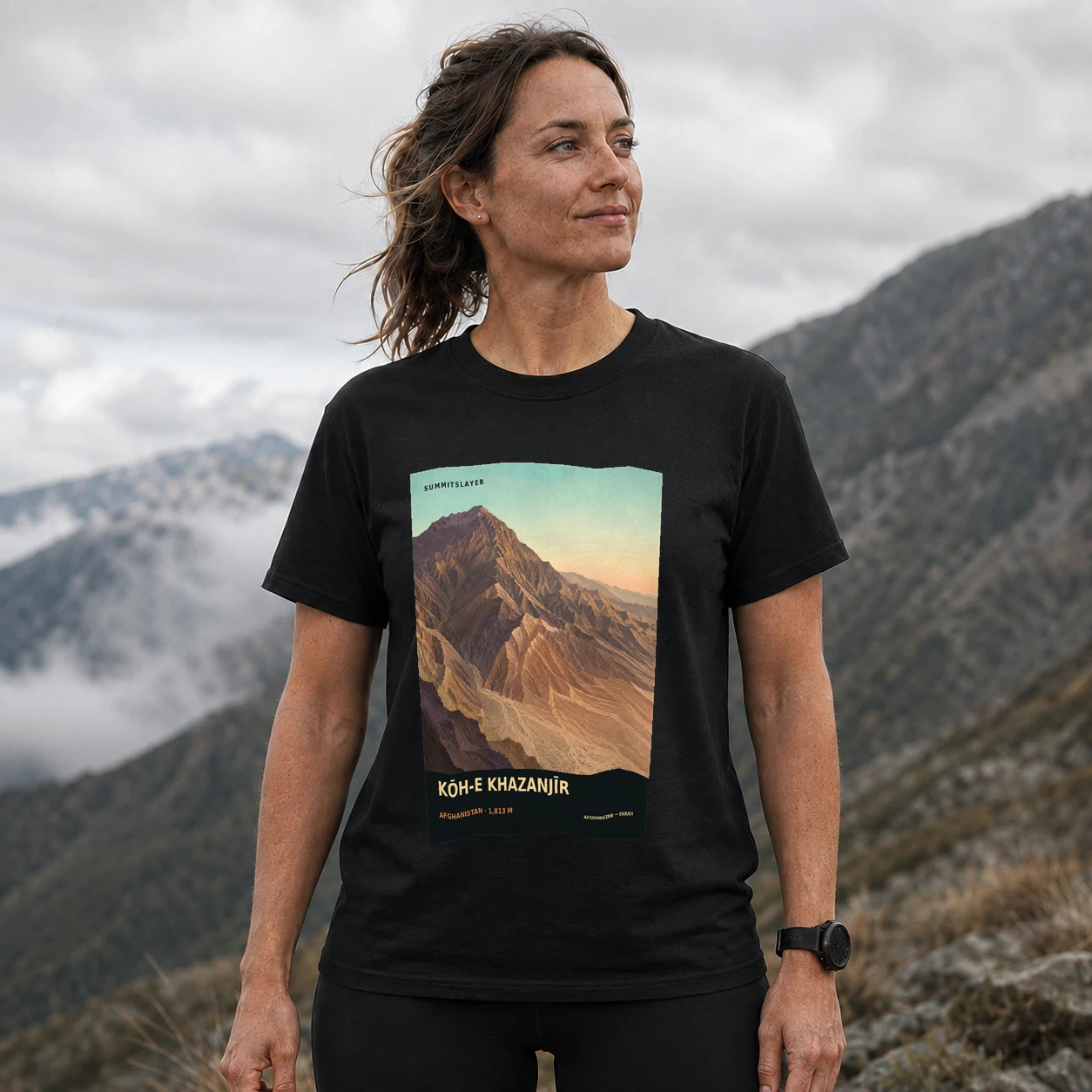 Black Kōh-e Khazanjīr T-shirt front with mountain artwork
