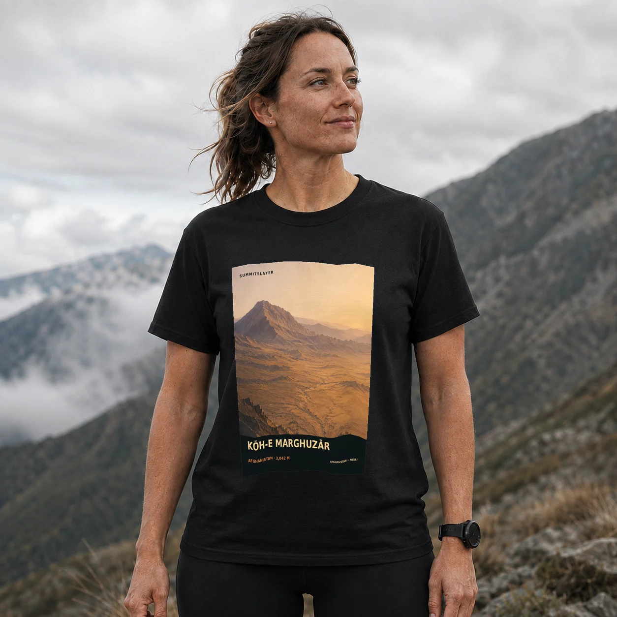 Black Kōh-e Marghuzār T-shirt front with mountain artwork