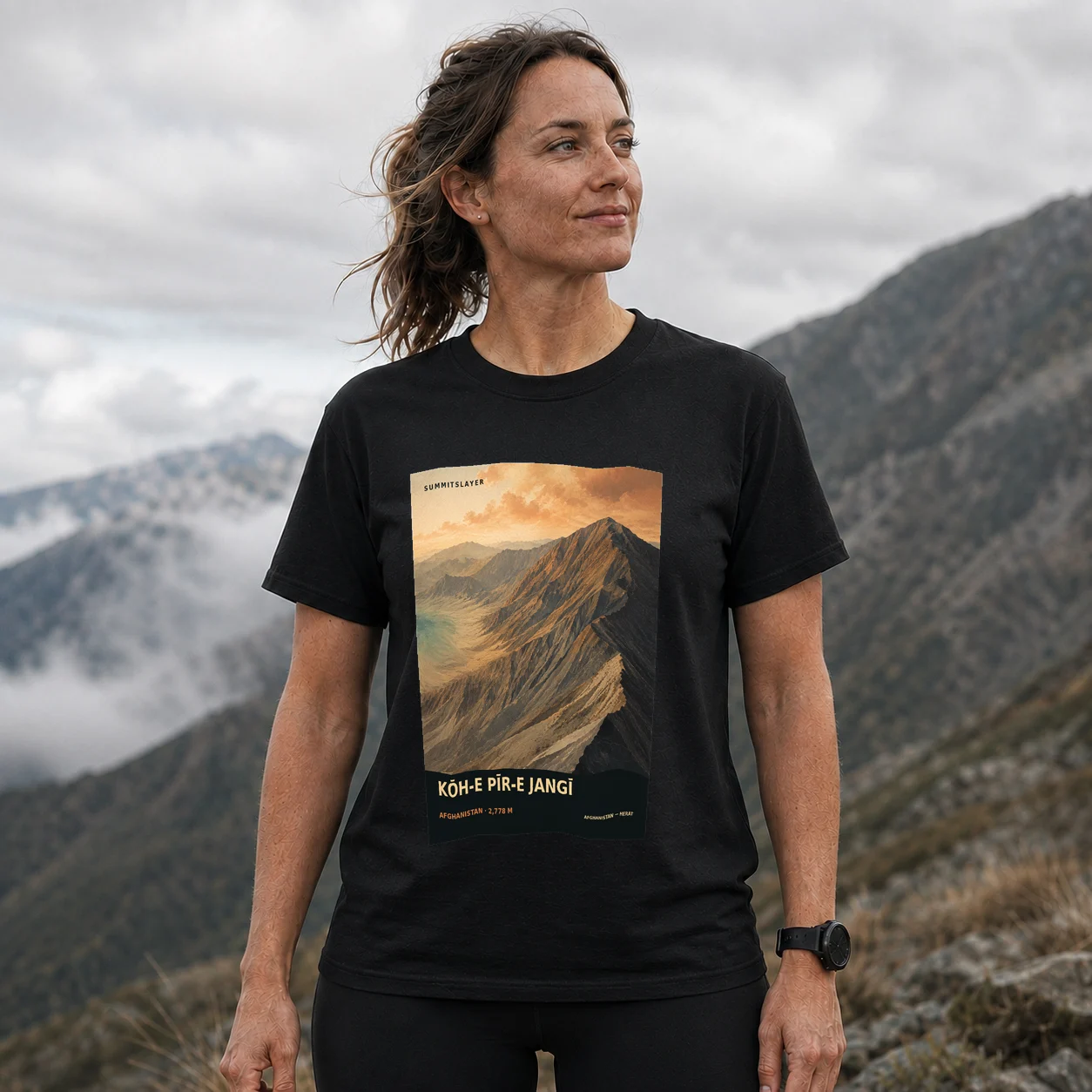 Black Kōh-e Pīr-e Jangī T-shirt front with mountain artwork
