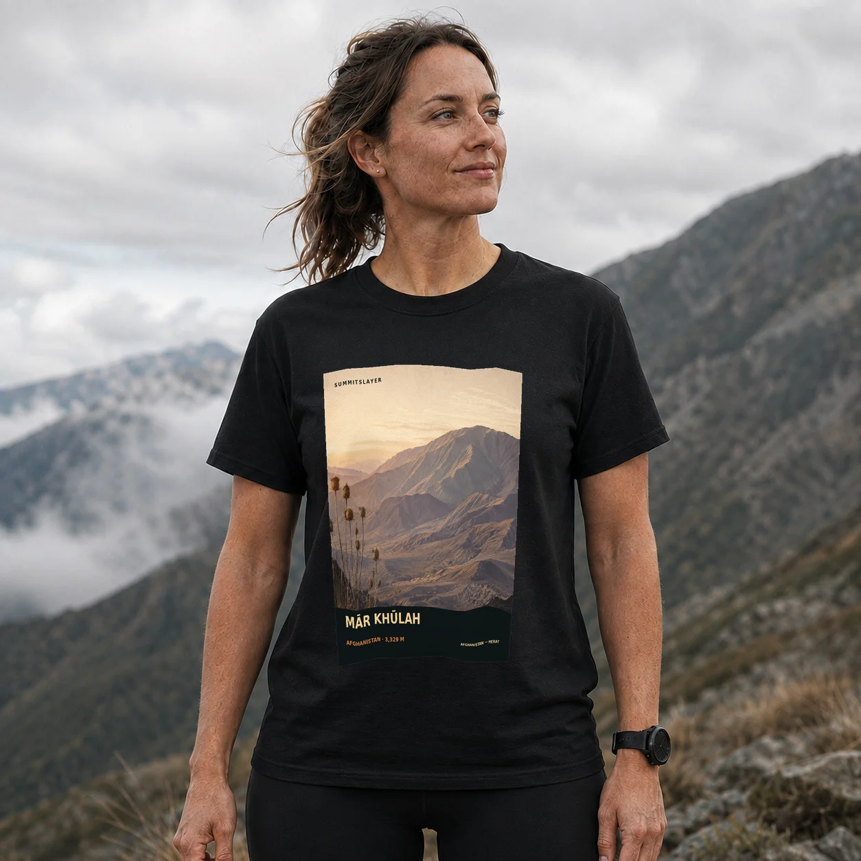 Black Mār Khūlah T-shirt front with mountain artwork