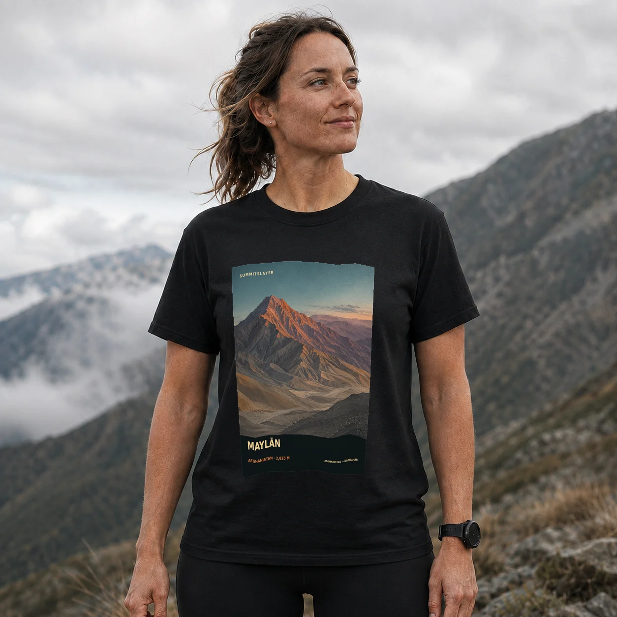 Black Maylān T-shirt front with mountain artwork