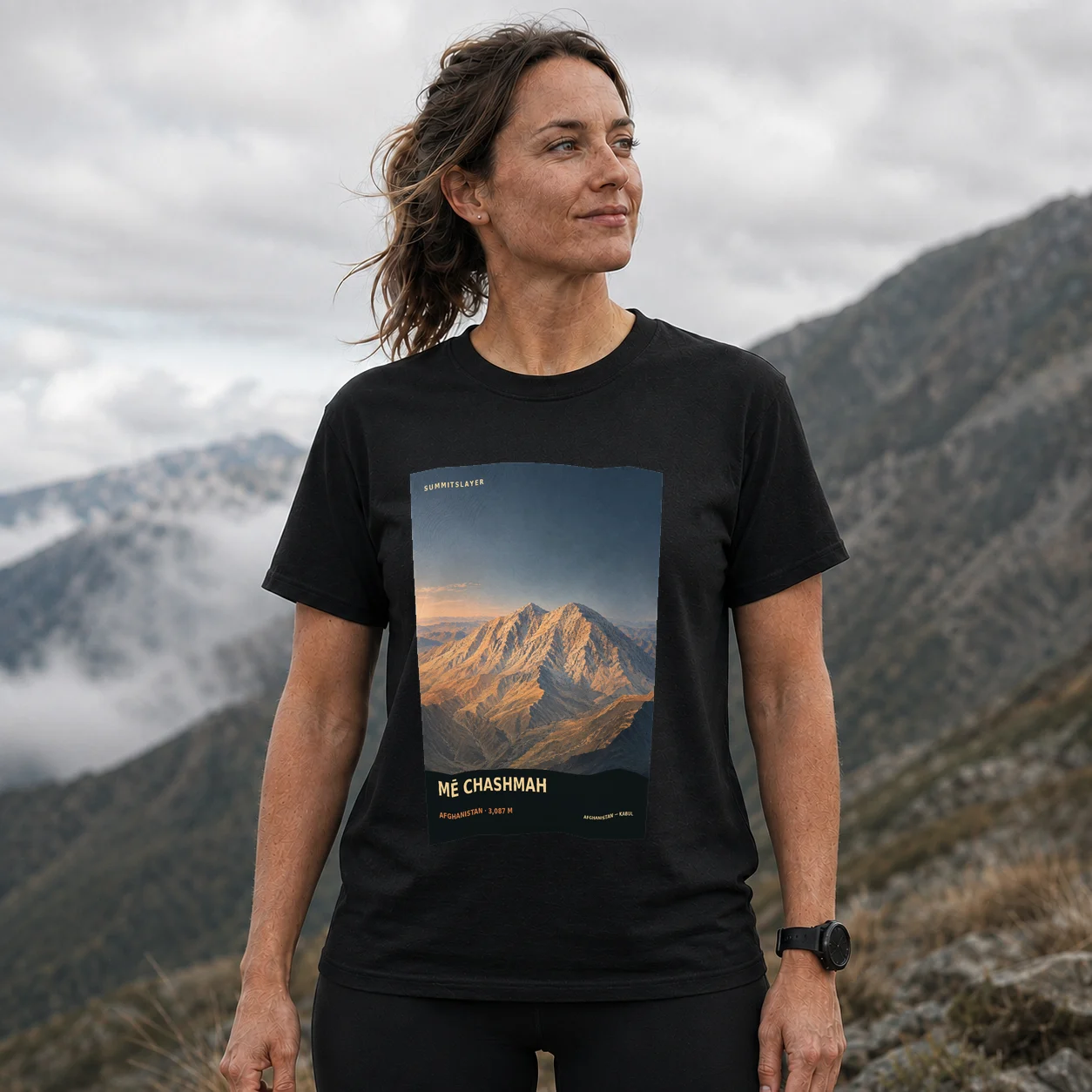 Black Mē Chashmah T-shirt front with mountain artwork