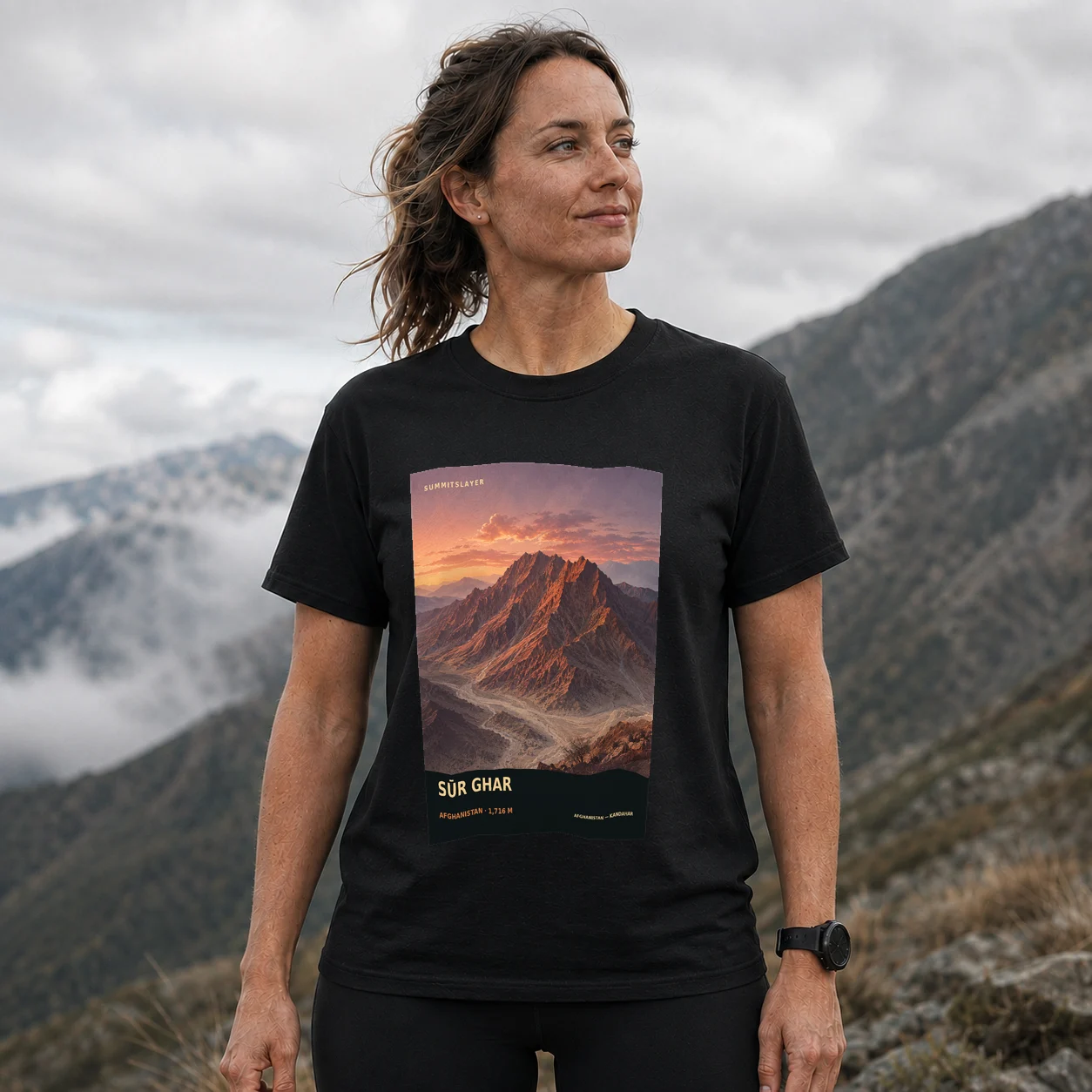 Black Sūr Ghar T-shirt front with mountain artwork
