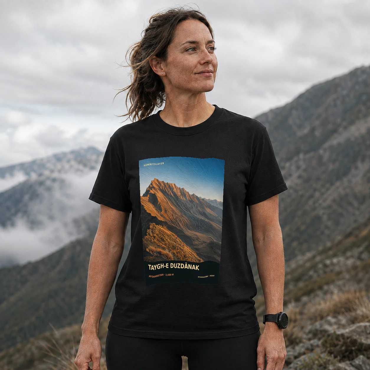Black Taygh-e Duzdānak T-shirt front with mountain artwork