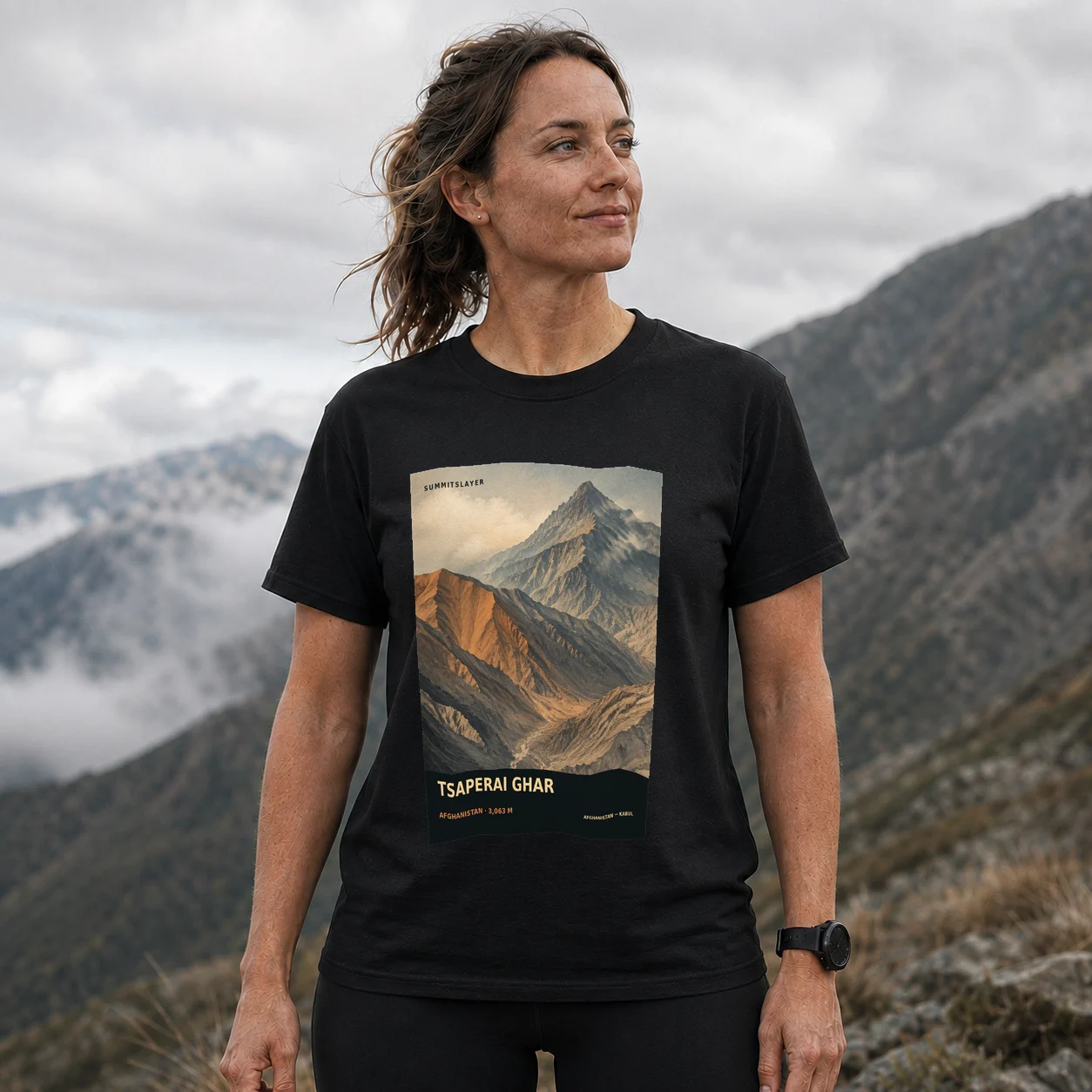 Black Tsapêraī Ghar T-shirt front with mountain artwork