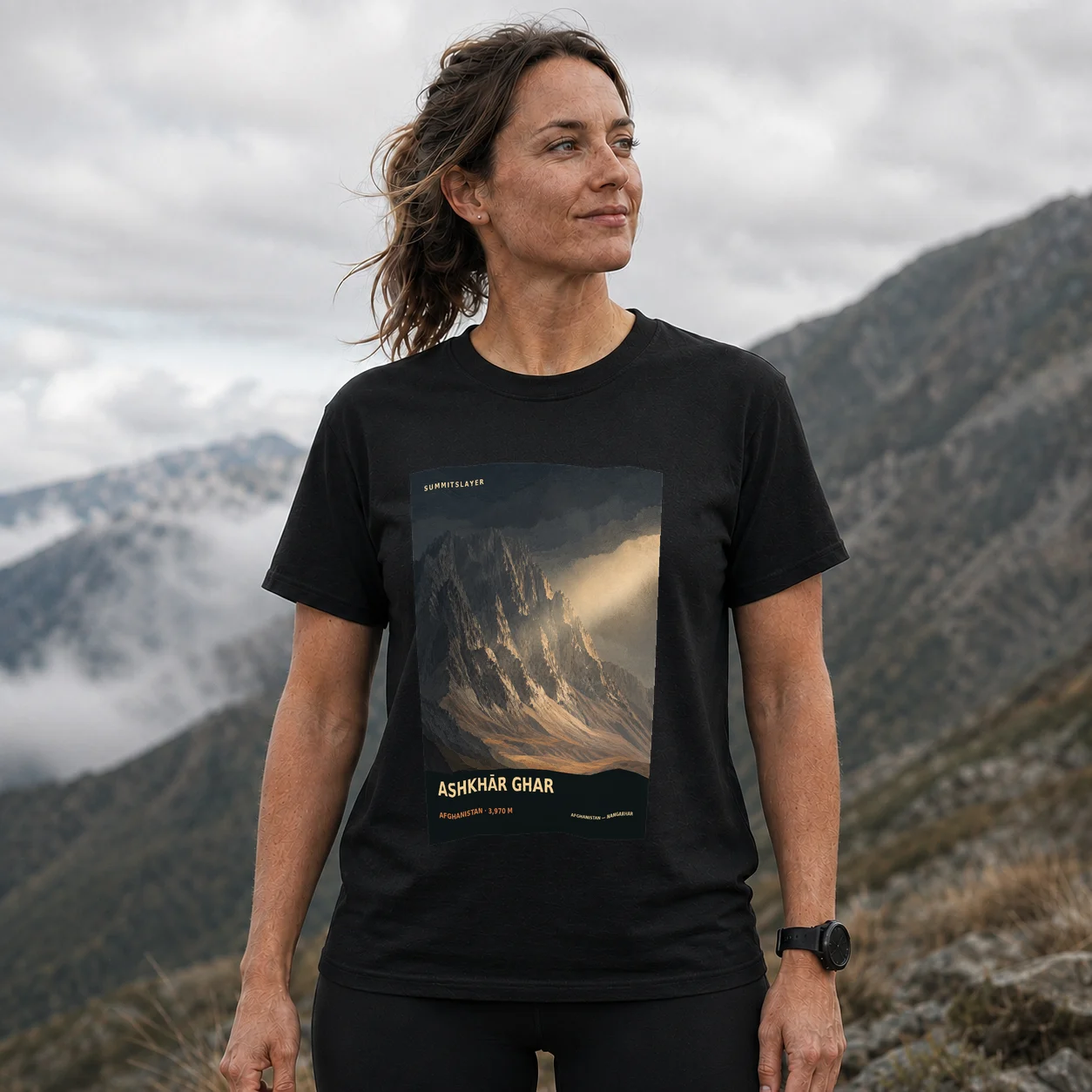 Black Ashkhār Ghar T-shirt front with mountain artwork
