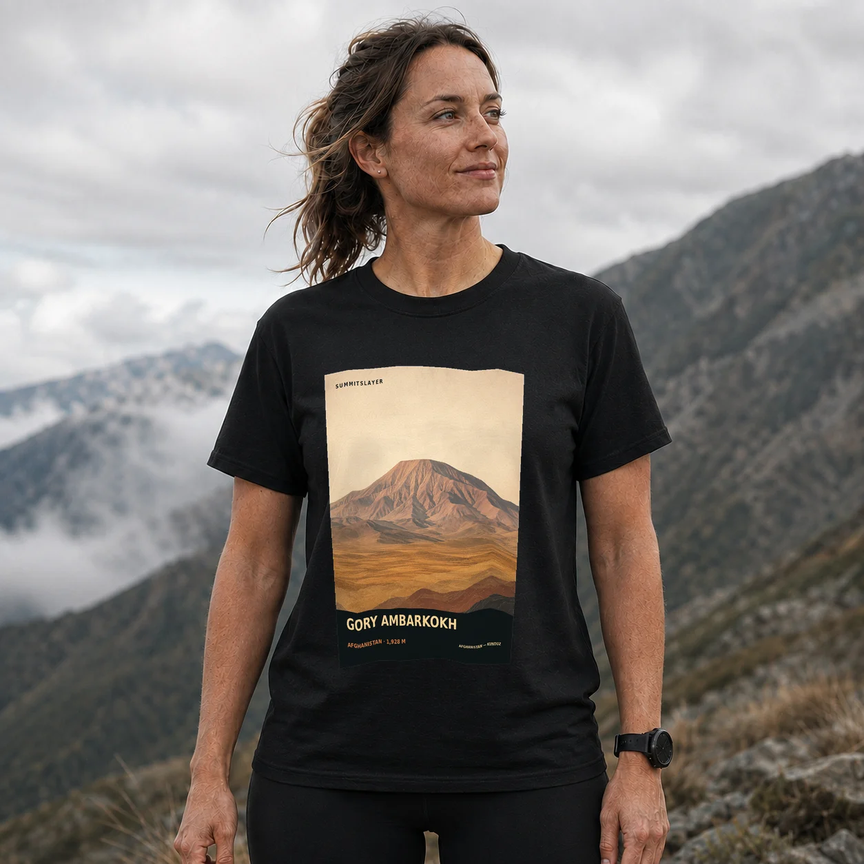 Black Gory Ambarkokh T-shirt front with mountain artwork